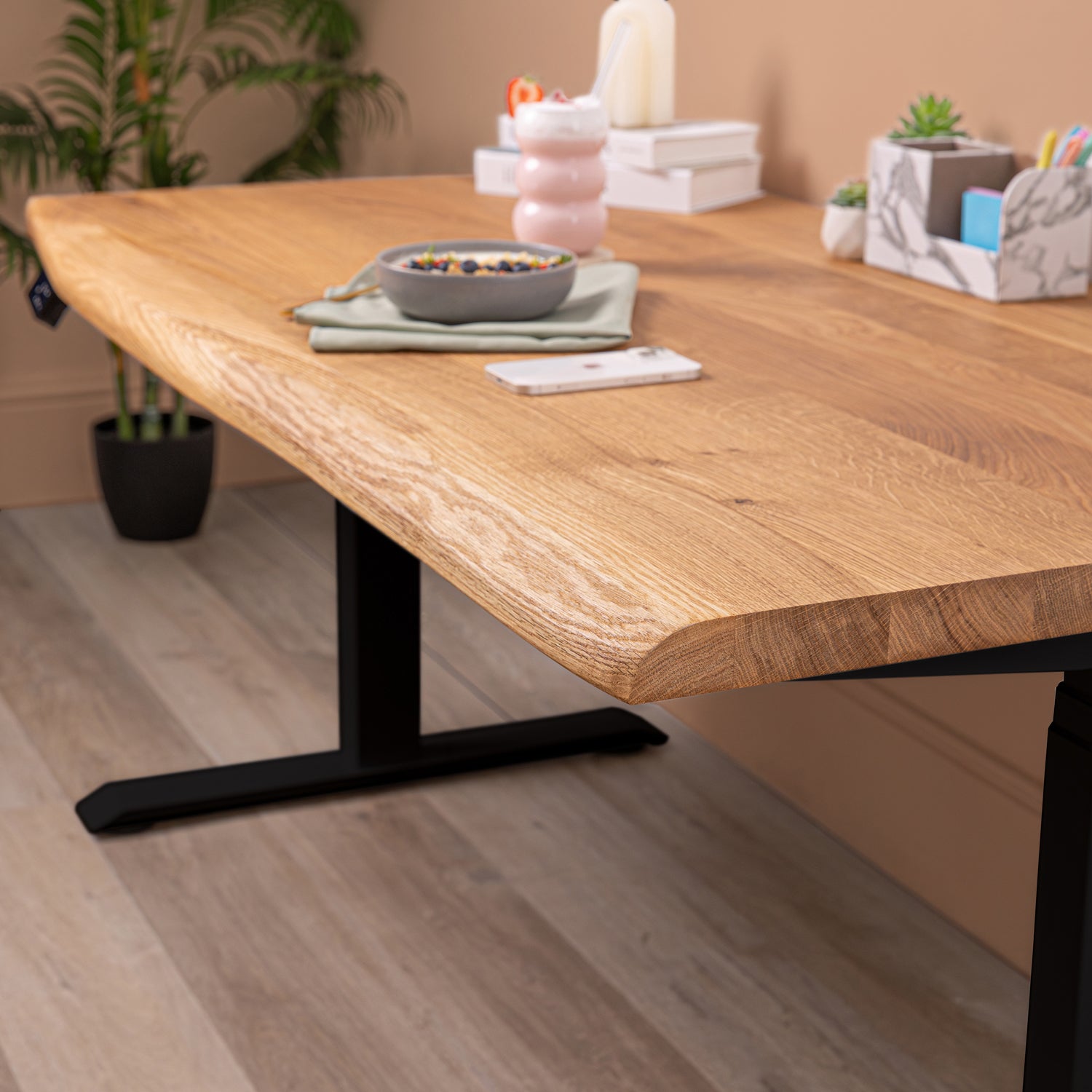 Premium Black Sit Stand Electric Desk with Oak Live Edge Wooden Desktop
