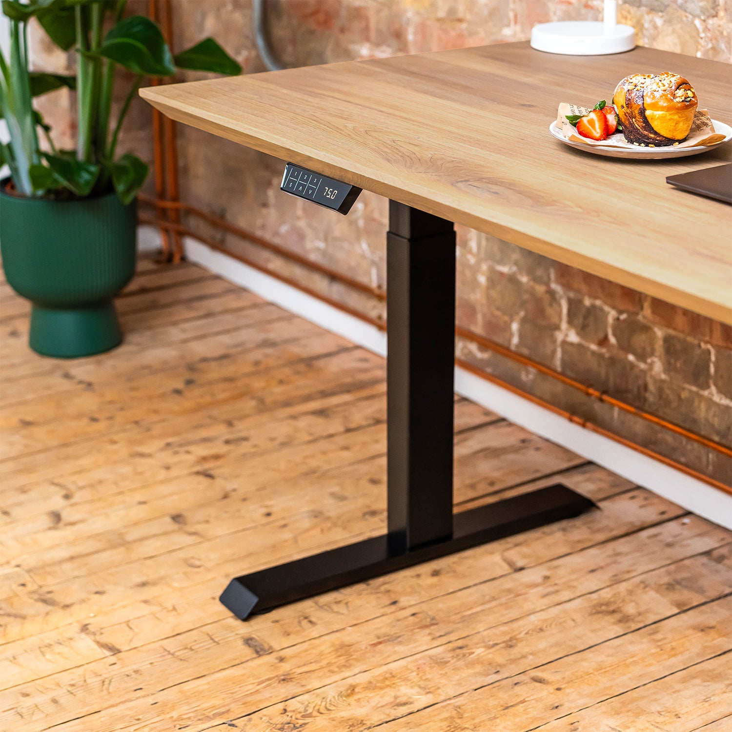 Premium Black Sit Stand Electric Desk with Oak Wood Desktop