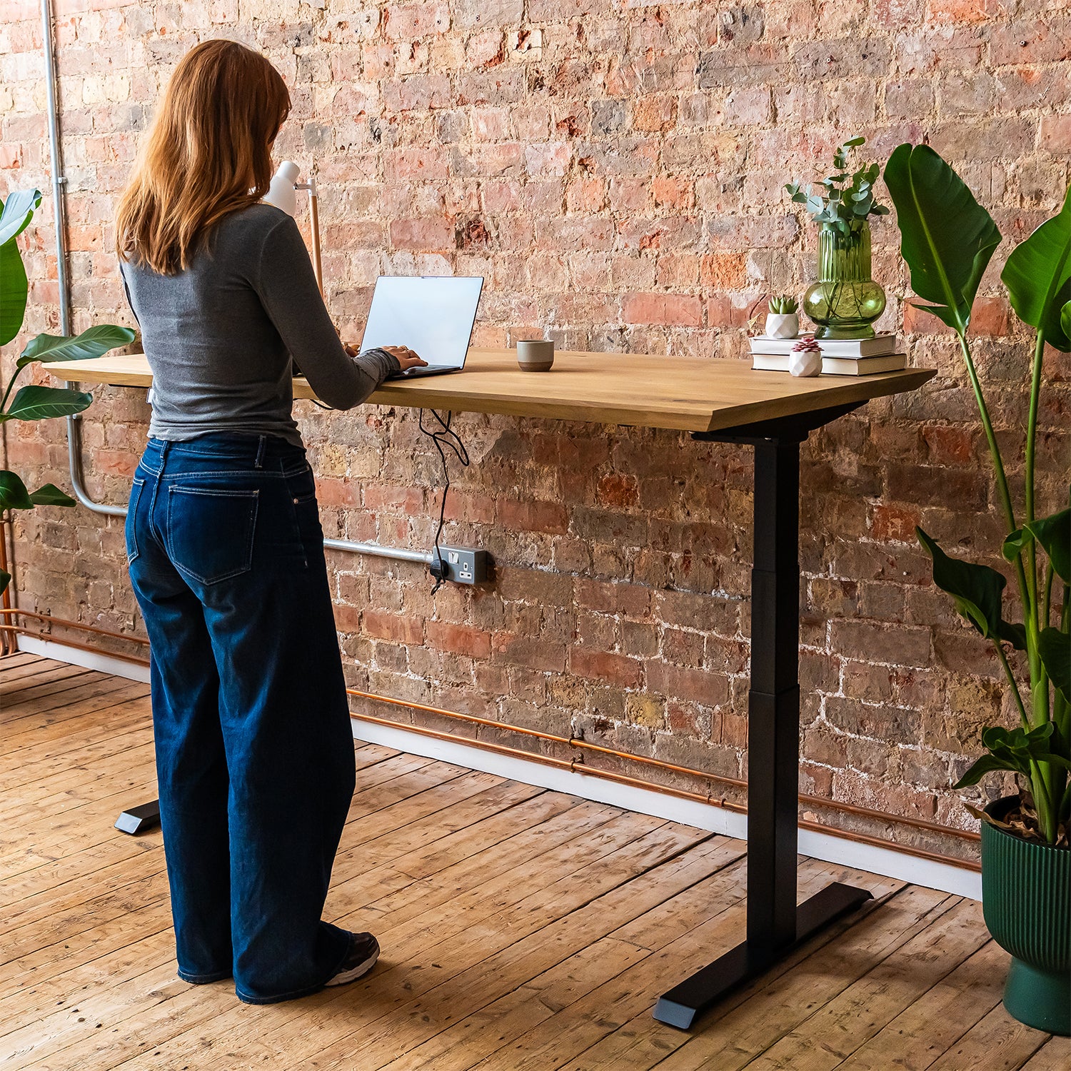 Premium Black Sit Stand Electric Desk with Oak Wood Desktop