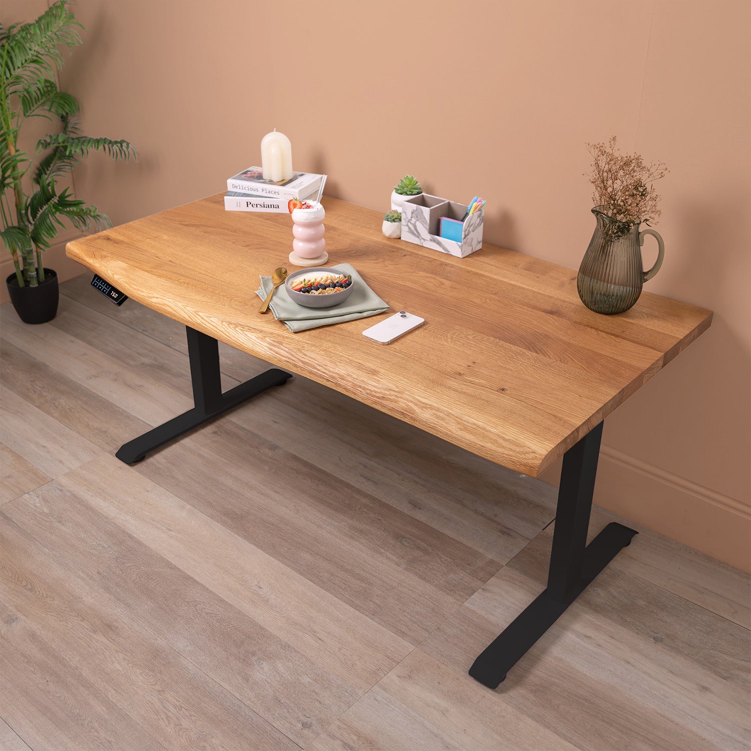 Premium d3 Dual Motor Black Standing Desk with Oak Live Edge Solid Wood Desktop