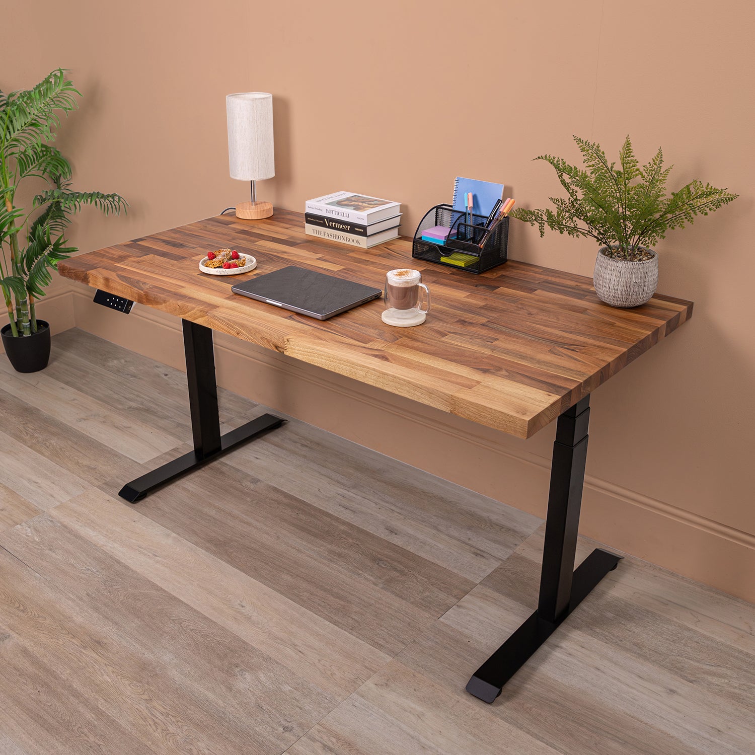 Premium d3 Dual Motor Black Standing Desk with Walnut Solid Wood Desktop - 40mm thick desktop