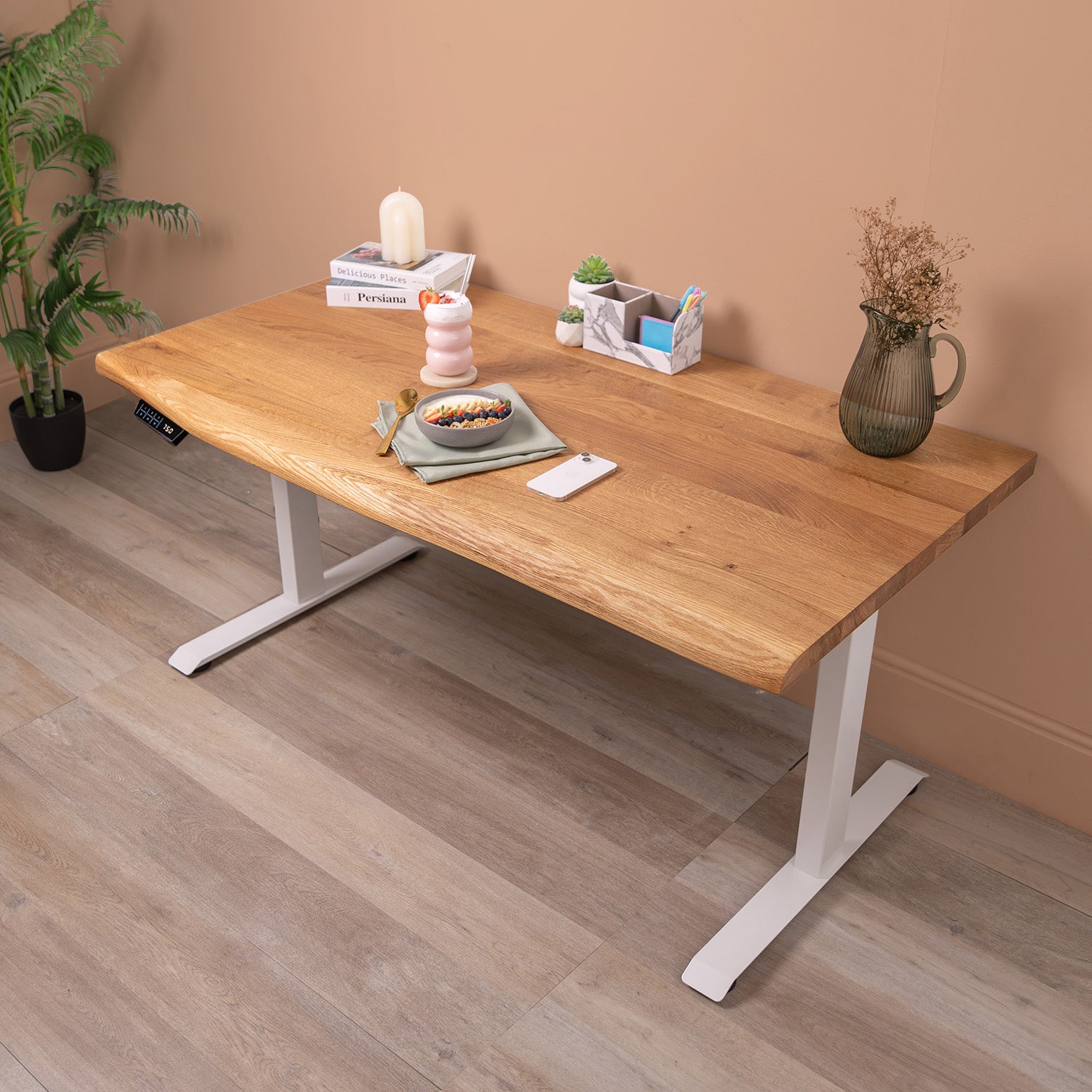 Premium d3 Dual Motor White Standing Desk with Oak Live Edge Solid Wood Desktop