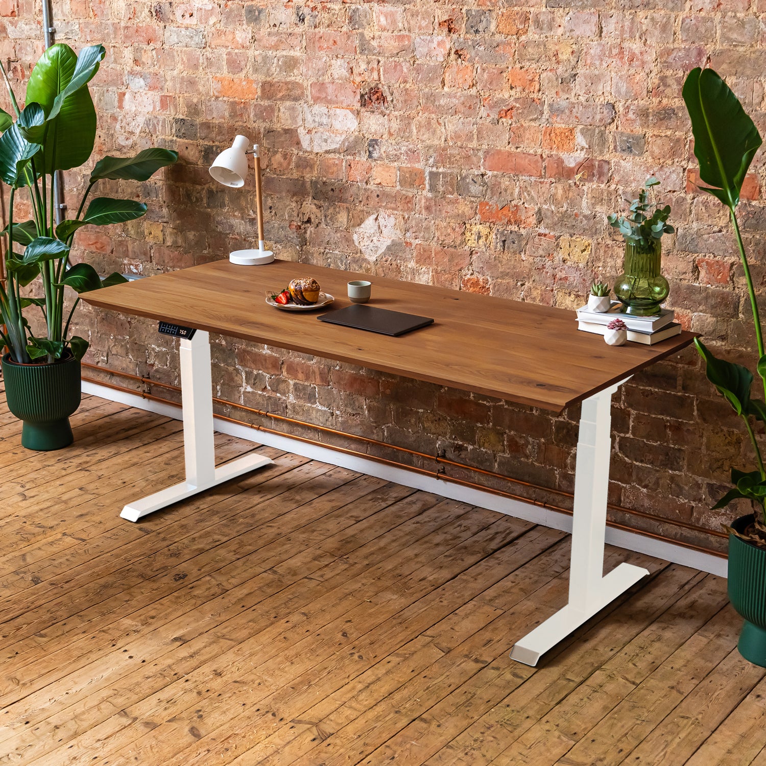 Premium d3 Dual Motor White Standing Desk with Premium Oak Solid Wood Desktop - Antique Bronze