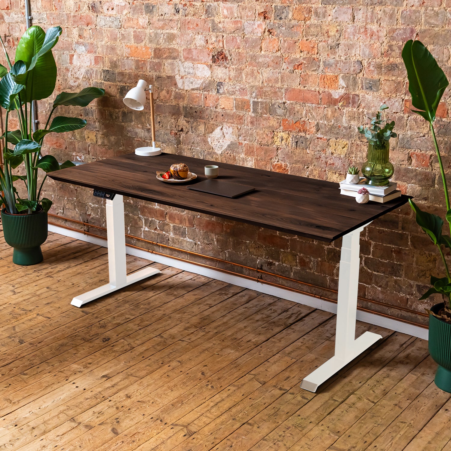 Premium d3 Dual Motor White Standing Desk with Premium Oak Solid Wood Desktop - Charcoal