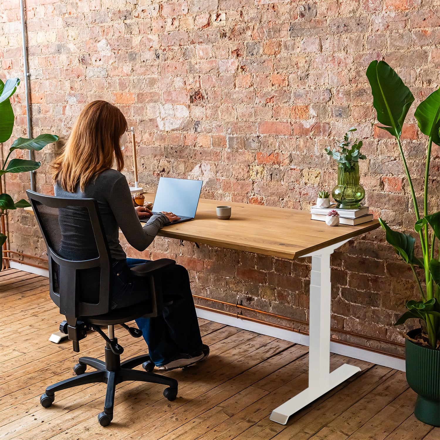 Premium d3 Dual Motor White Standing Desk with Premium Oak Solid Wood Desktop - Pure