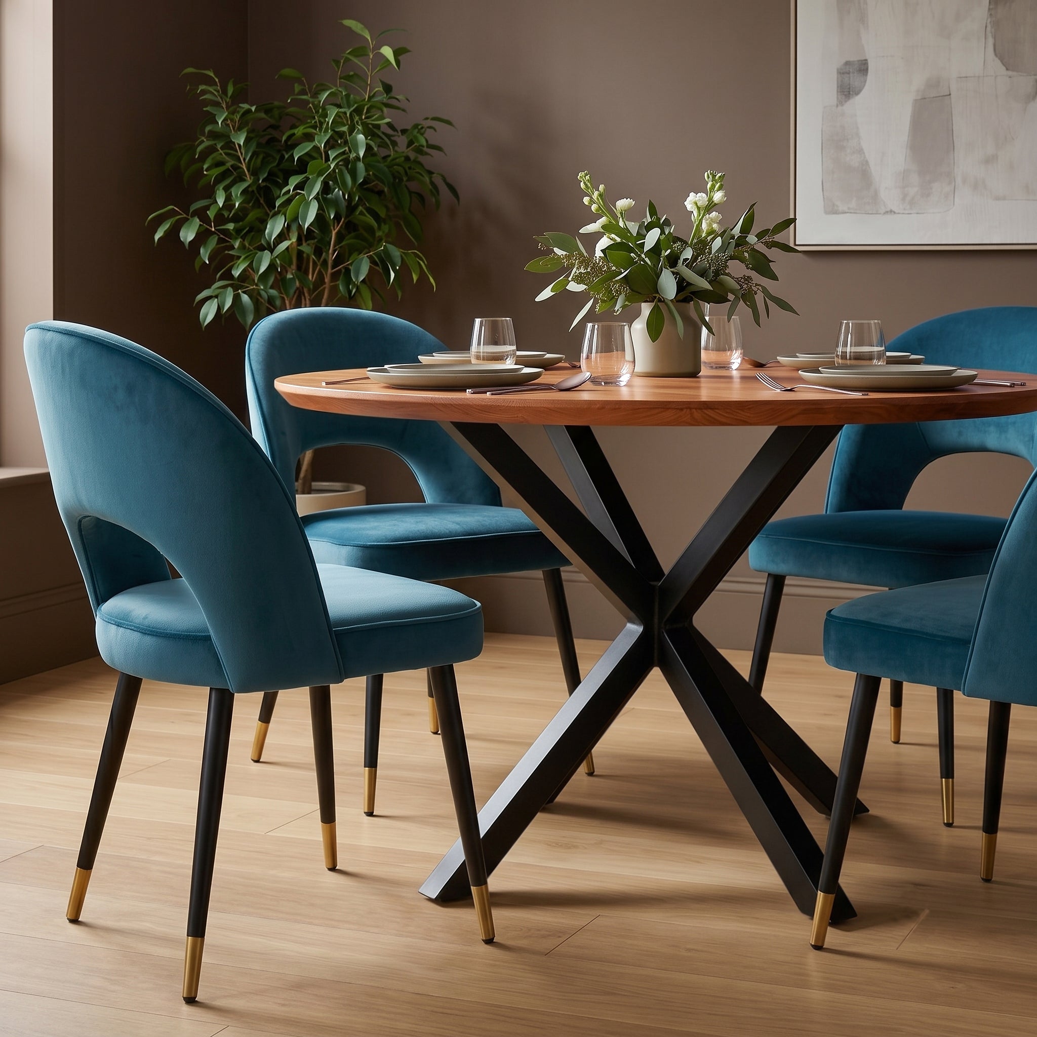 Dining room with an Antique Bronze round wooden table and blue chairs, featuring a plant and artwork on the wall.
