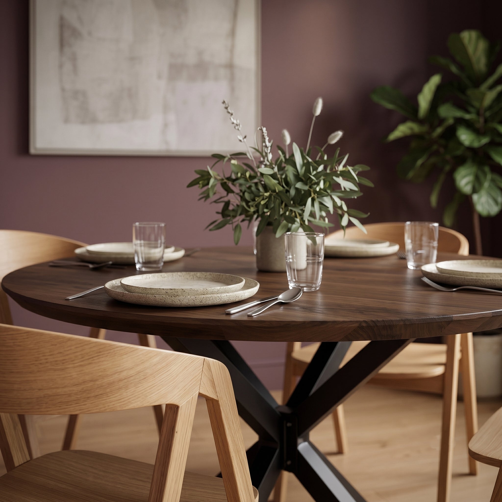 A round dark wood dining table with a black metal X-base, set with plates, cutlery, and a vase of greenery in a styled dining room with wooden chairs and a mauve wall.