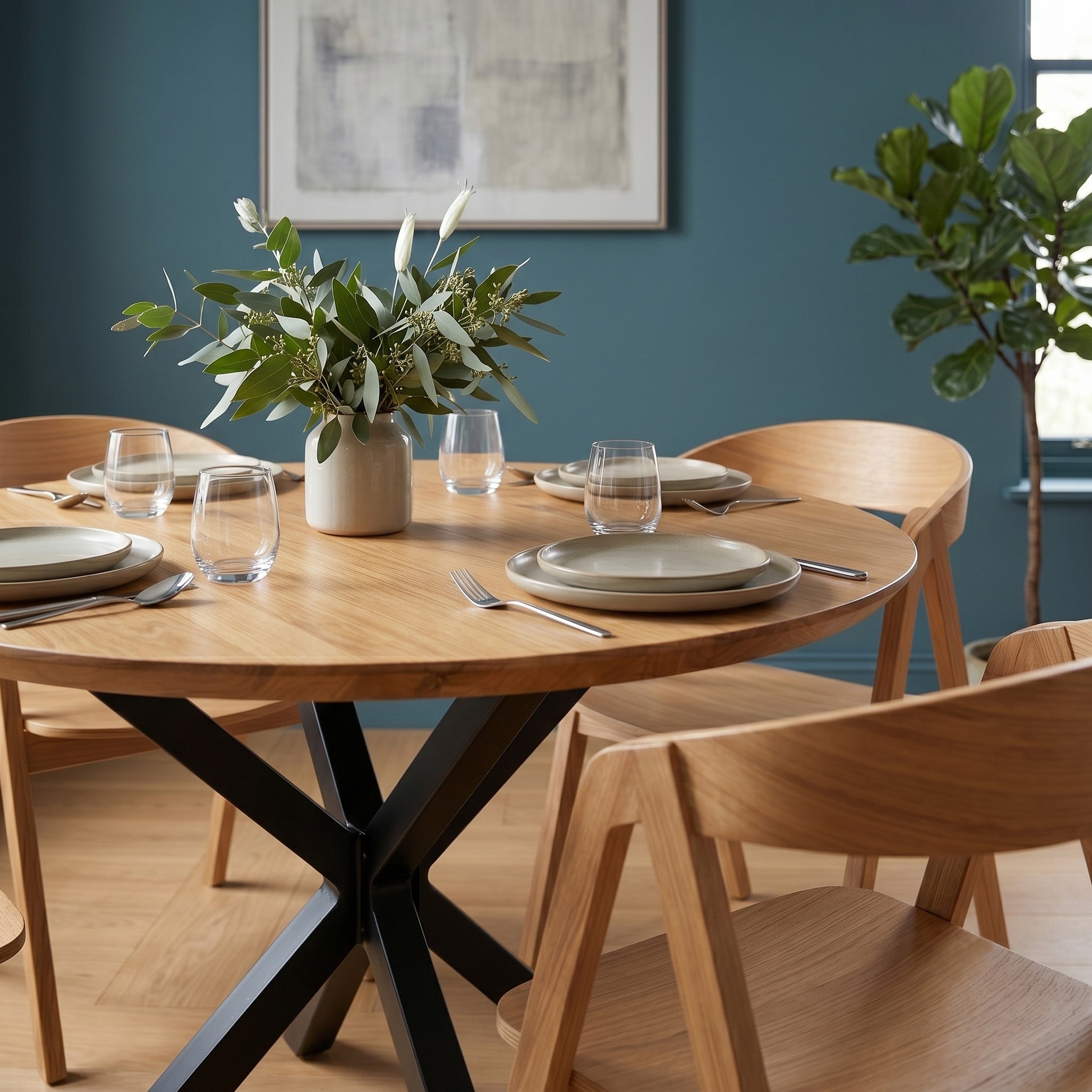 Dining room with a premium wooden table set for a meal, featuring plates, glasses, and a vase with greenery.