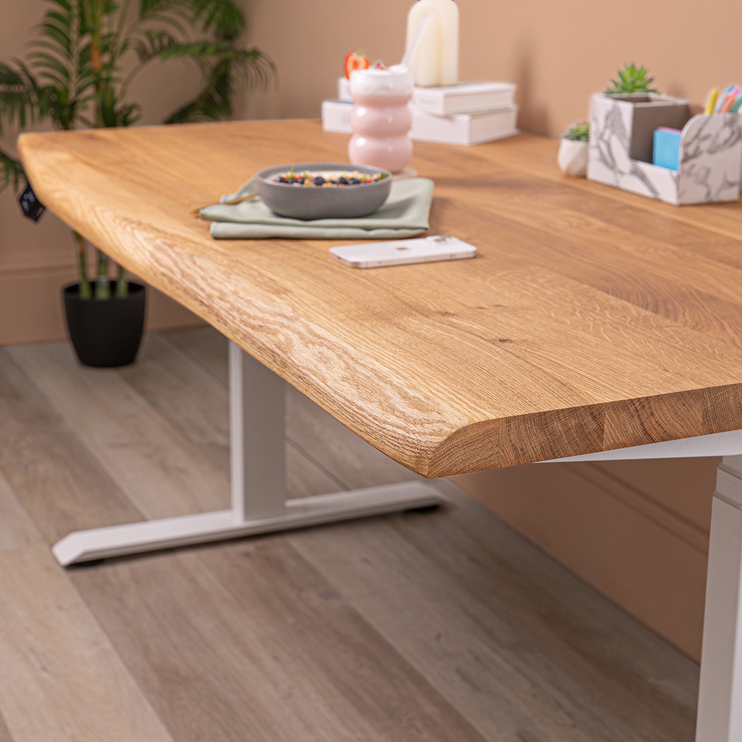 Premium White Sit Stand Electric Desk with Oak Live Edge Wooden Desktop