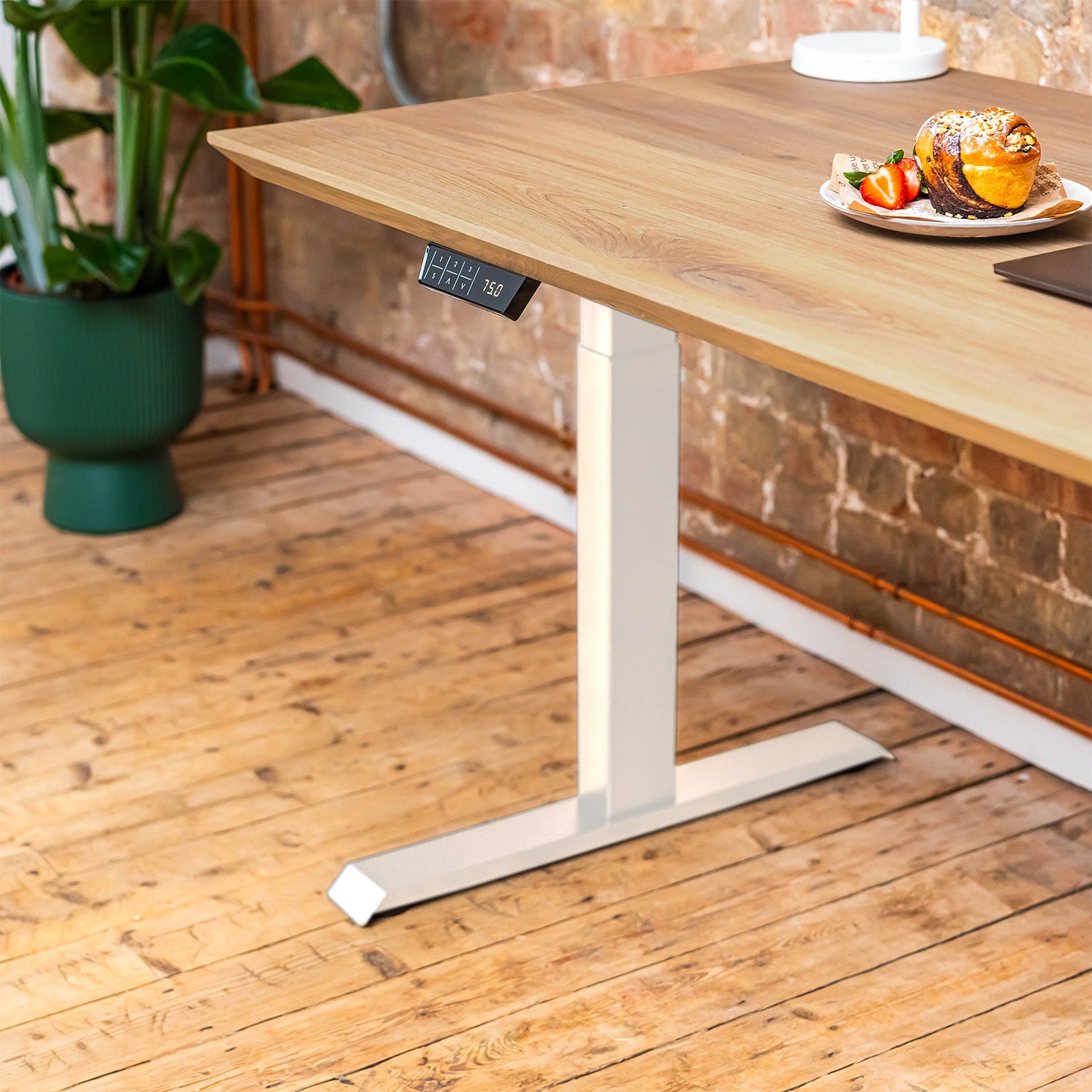 Premium White Sit Stand Electric Desk with Pure Wood Desktop