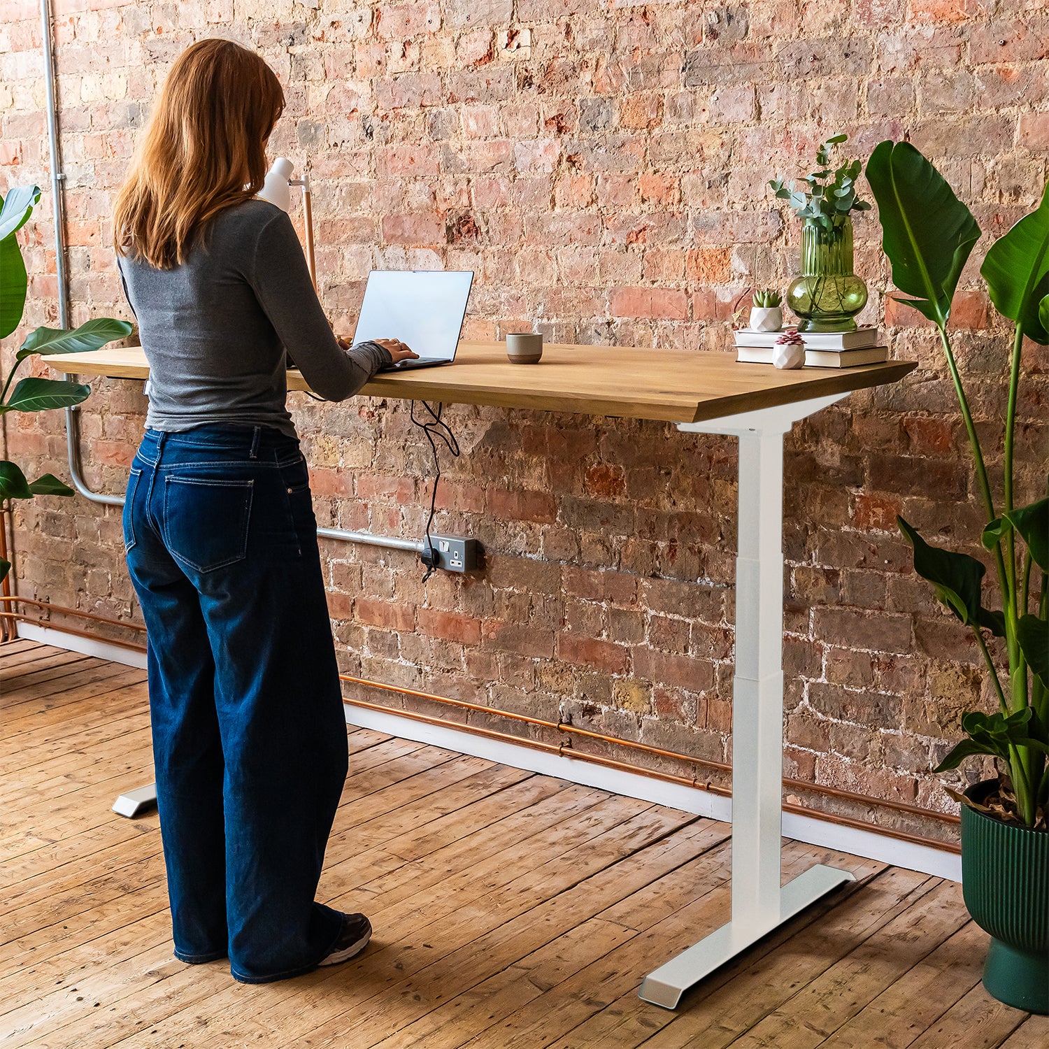 Premium White Sit Stand Electric Desk with Pure Wood Desktop