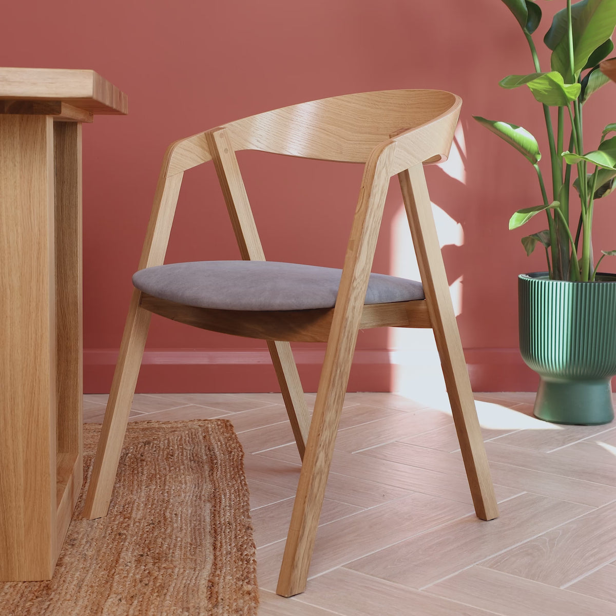 Orla oak dining chair in a dining area with terracotta walls, a houseplant, and a table.