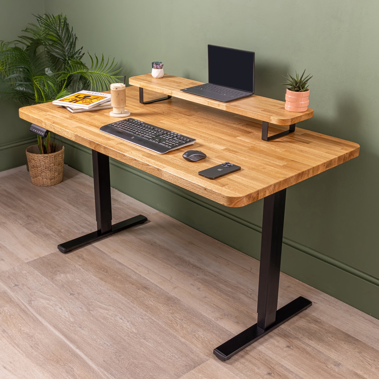 Prime Oak Solid Wood Rounded Monitor Stand with Black Metal Legs | Large Riser