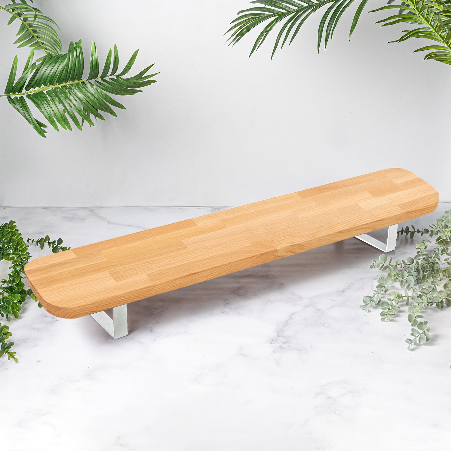 Prime Oak Solid Wood Rounded Monitor Stand with White Metal Legs