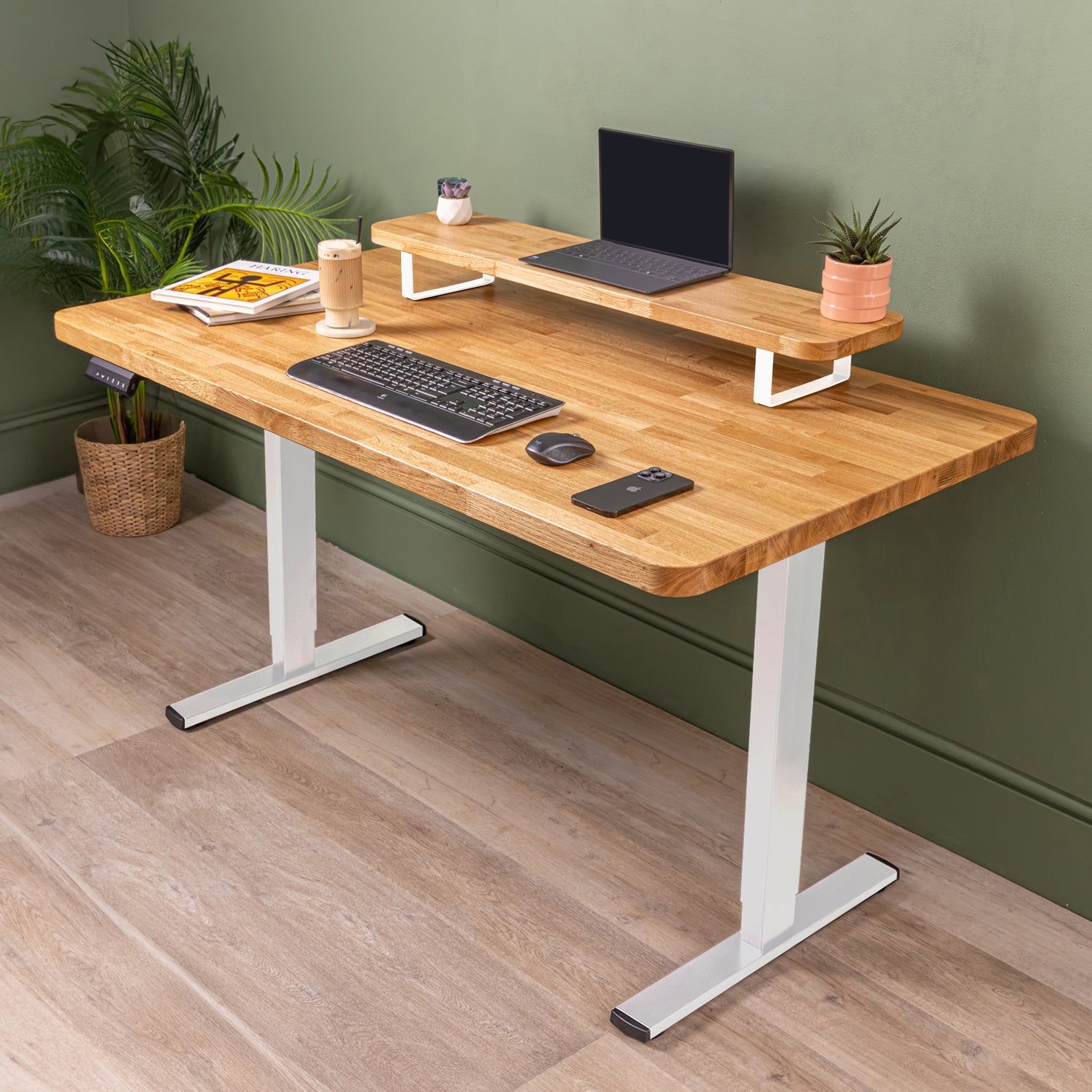 Prime Oak Solid Wood Rounded Monitor Stand with White Metal Legs | Large riser