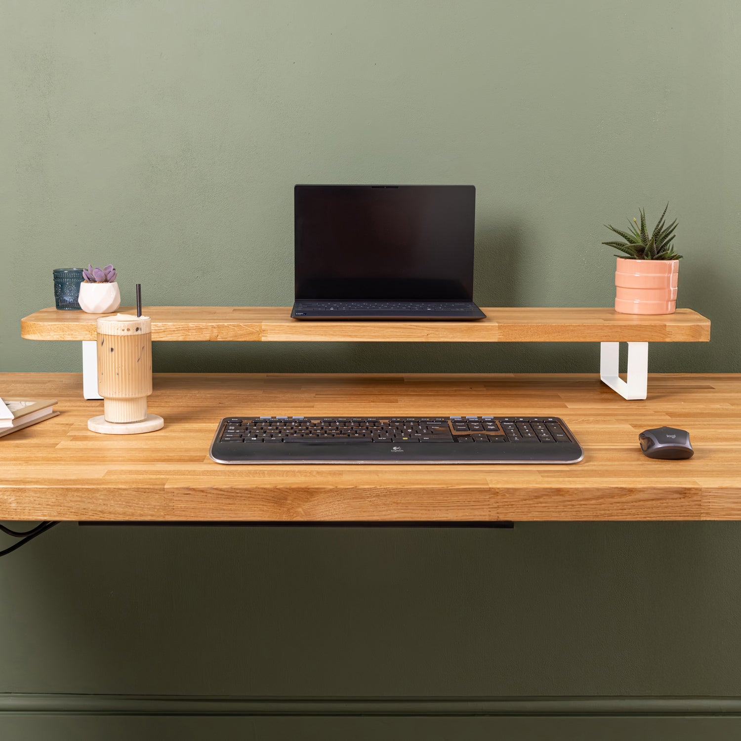 Prime Oak Solid Wood Rounded Monitor Stand with White Metal Legs