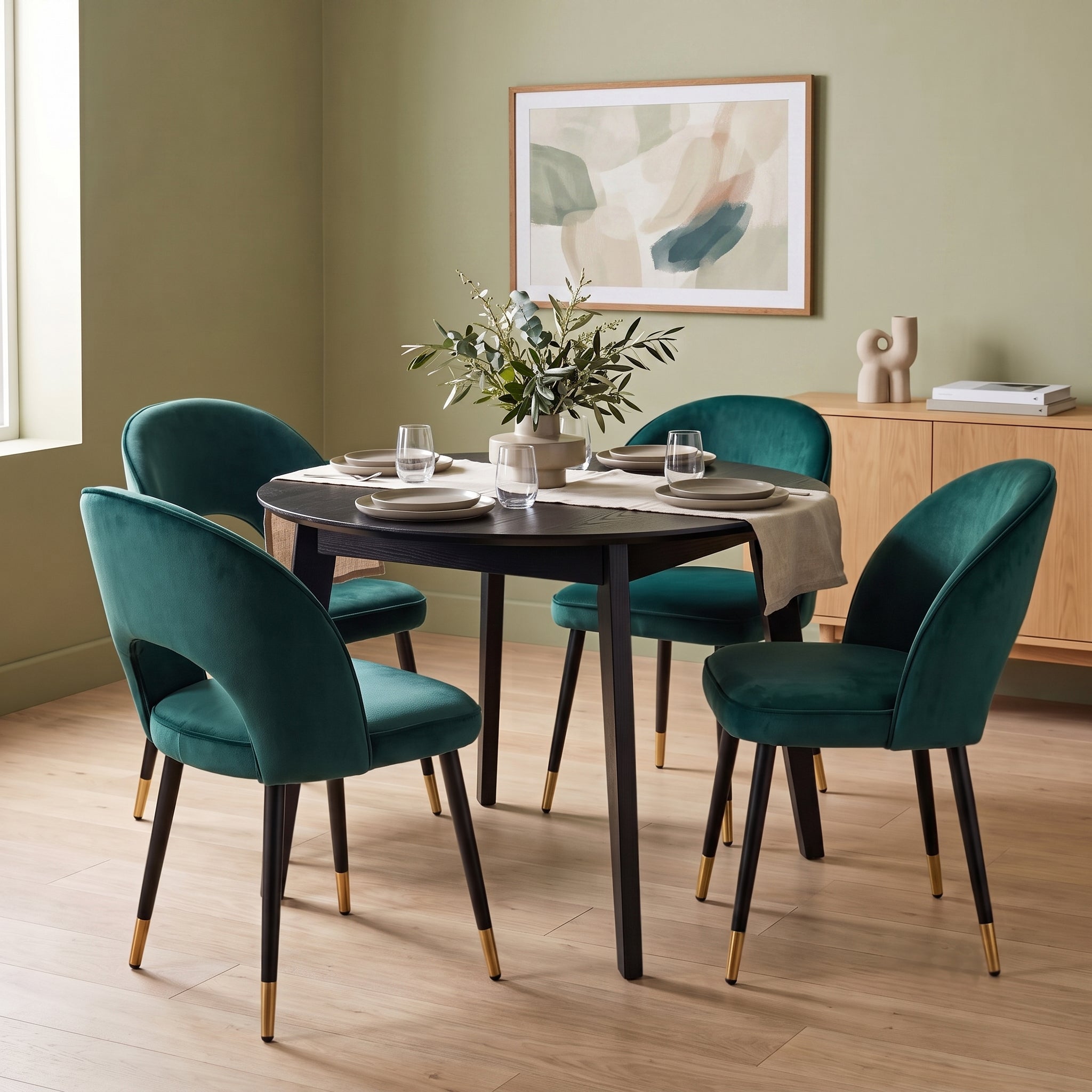 A dining set in a styled room, featuring a round black table with dark green velvet upholstered chairs that have black legs with gold-toned metal tips. The room has sage green walls, light wood flooring, and a wooden sideboard in the background.