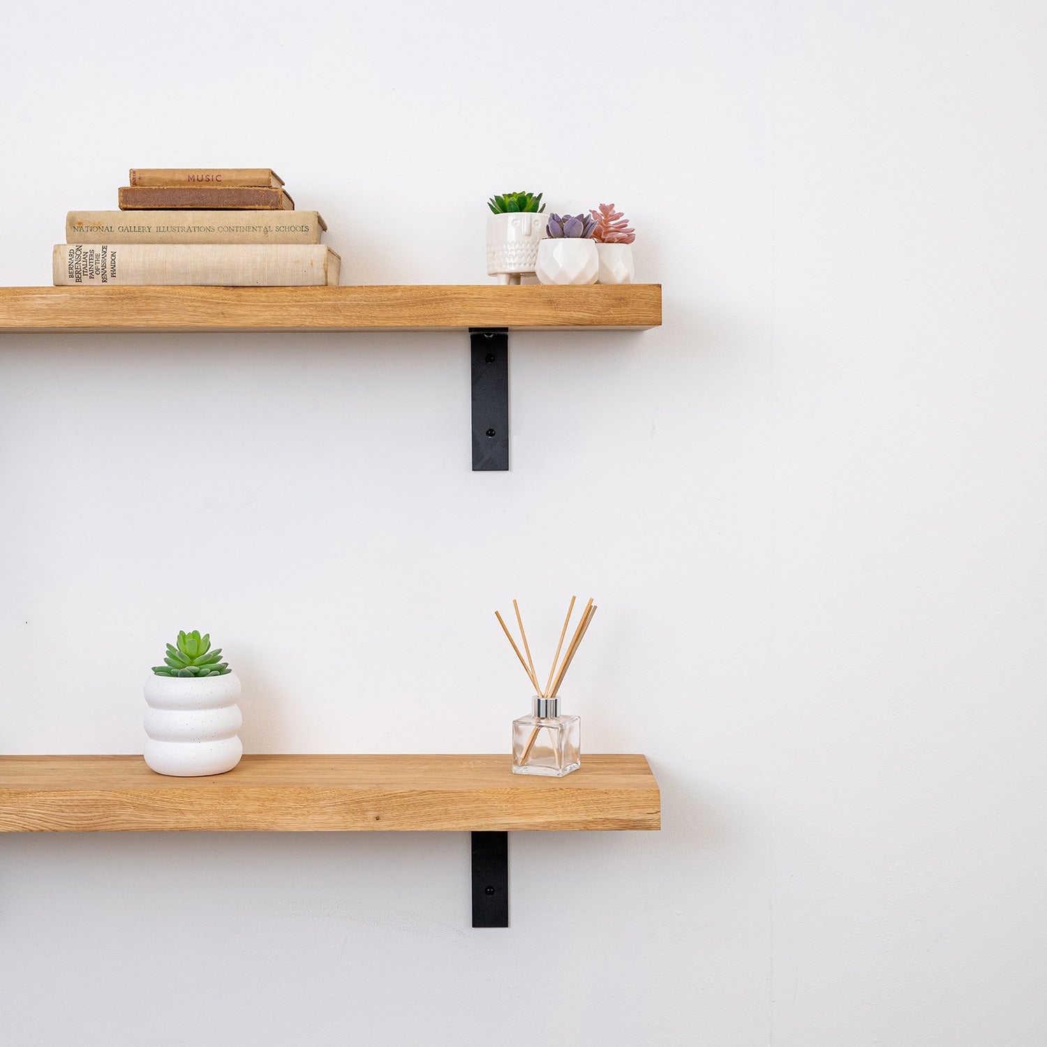 Rustic Edge Wood Shelves with Powder-Coated Cast Iron Brackets