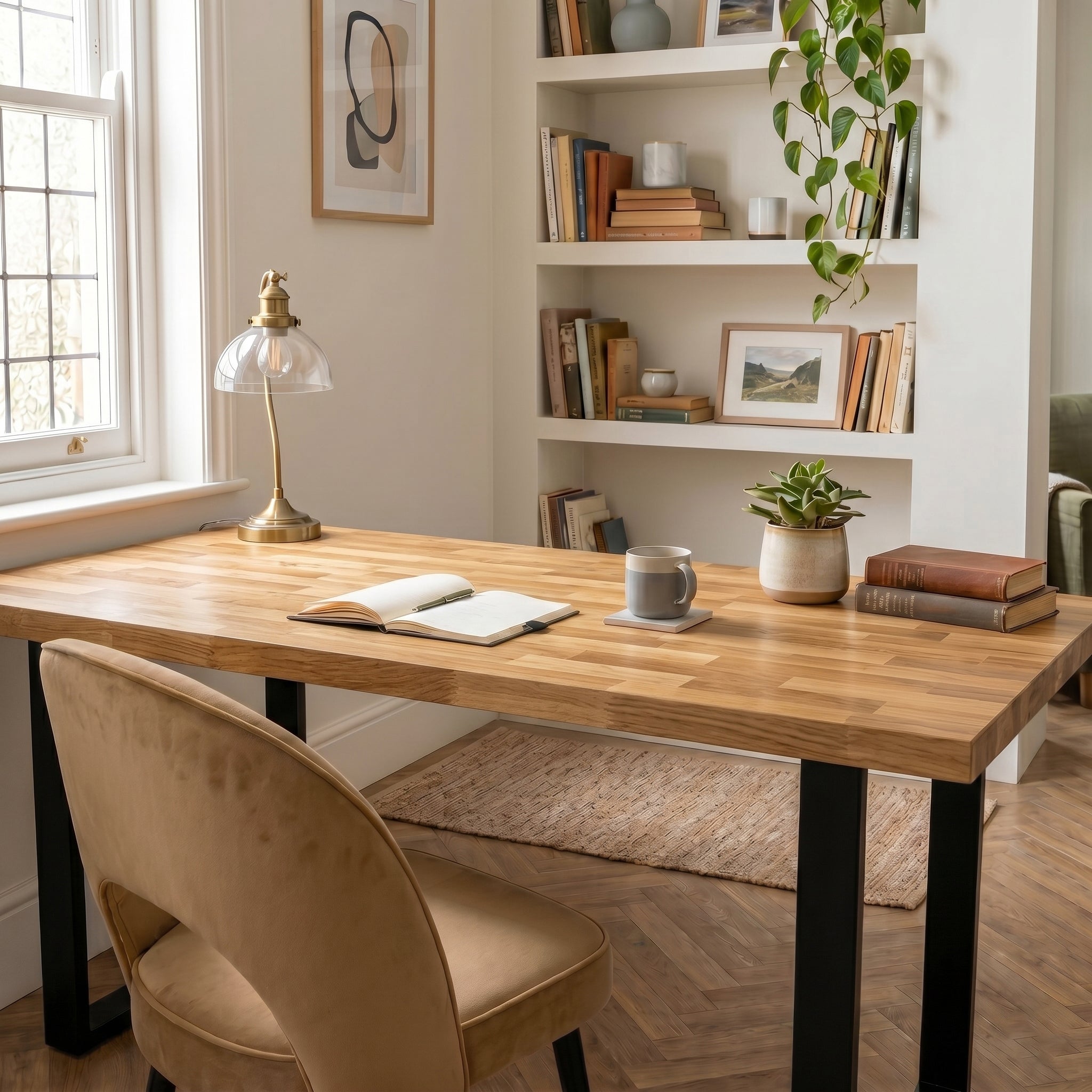 Wooden desk with chair in a home office setting with books and decor.