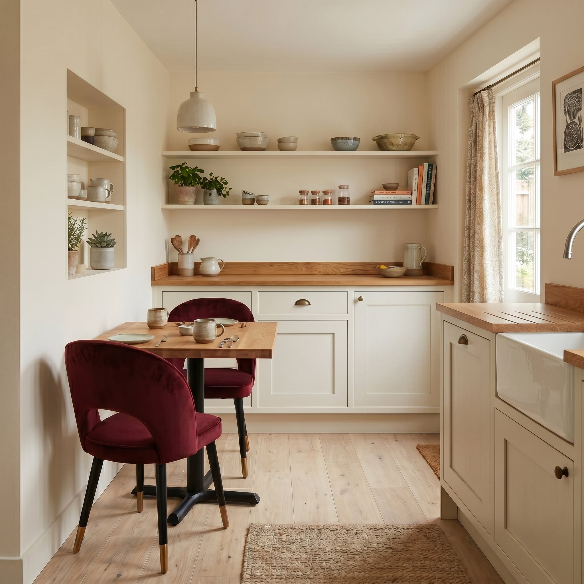 Modern kitchen with oak wooden countertops, oak bistro table and two corin oxblood velvet dining chairs.