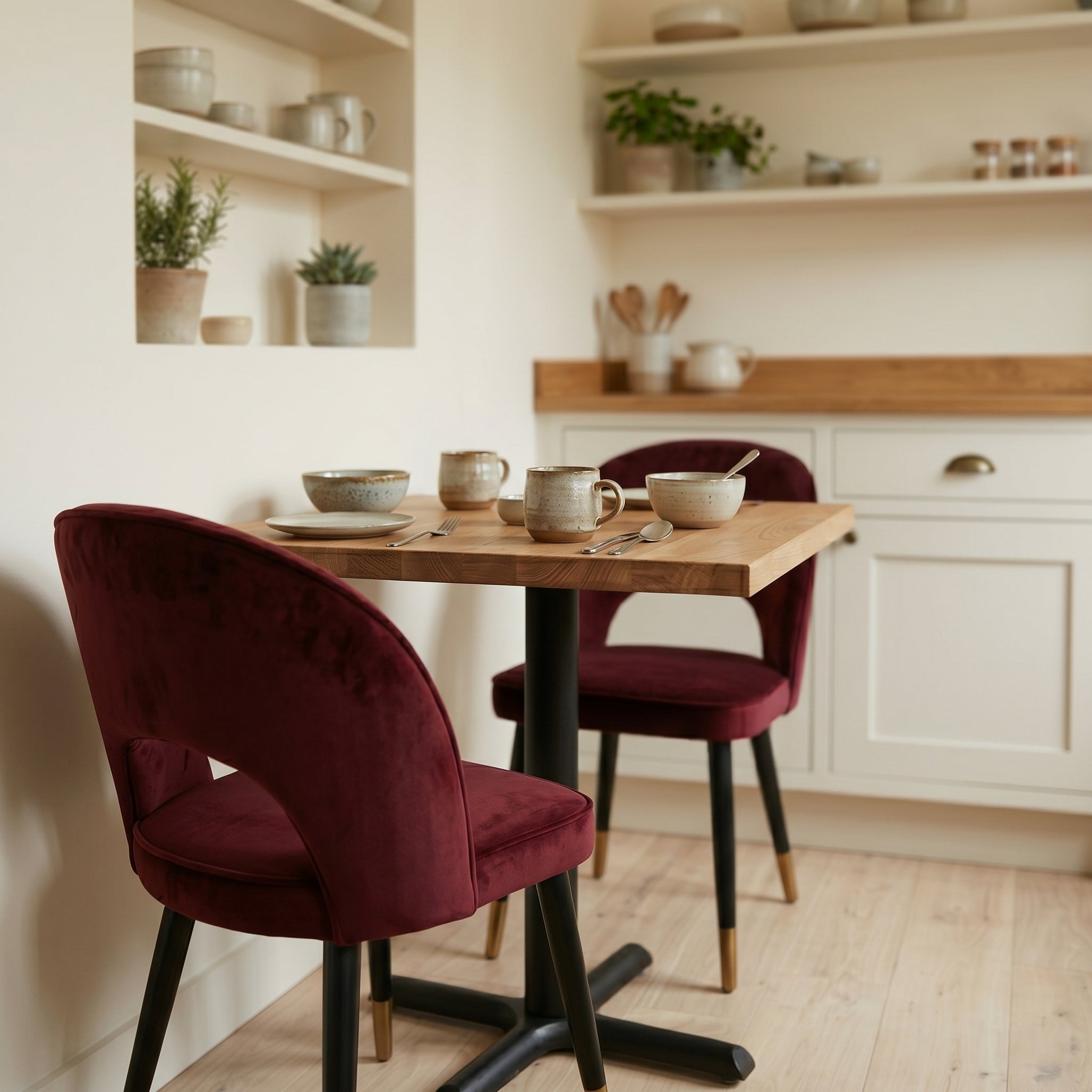 Solid oak bistro table with two corin oxblood velvet chairs in a dining room