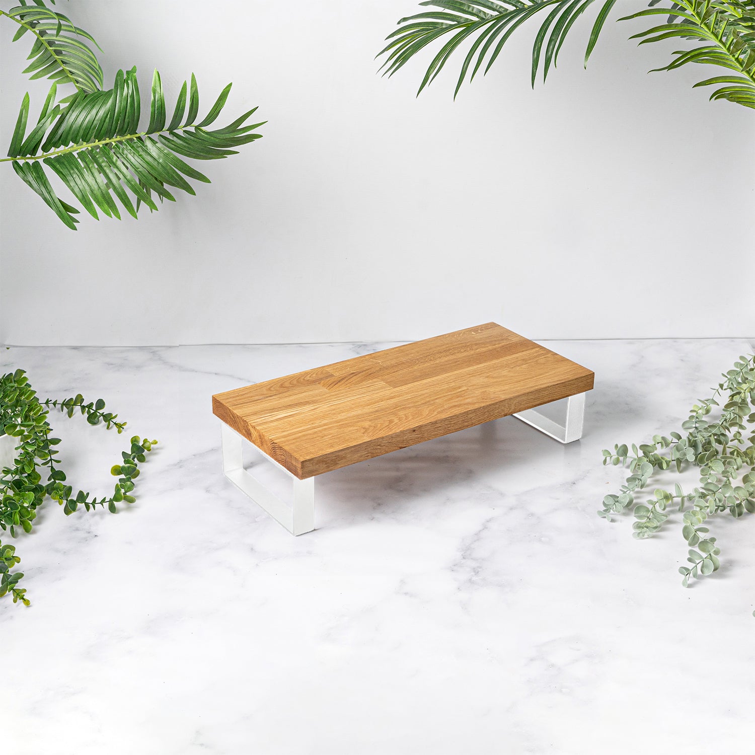 Wood Monitor Stand Riser With USB Ports | Ergonomic Desk Organizer For Laptop, Computer, Gaming Setup (White Wash, Nickel Legs)