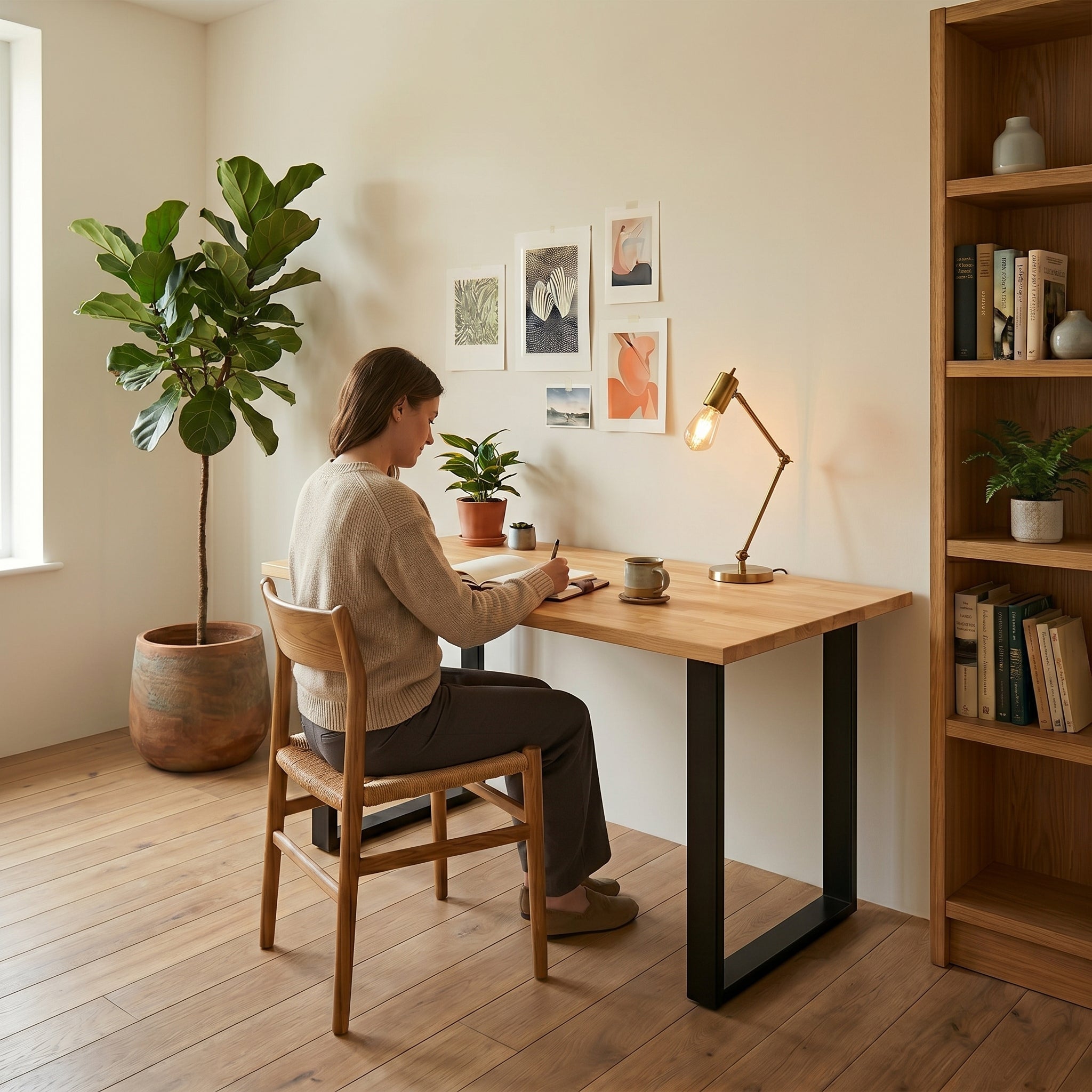 Person sitting at a solid oak desk in a home office with a lamp, books, and plants.