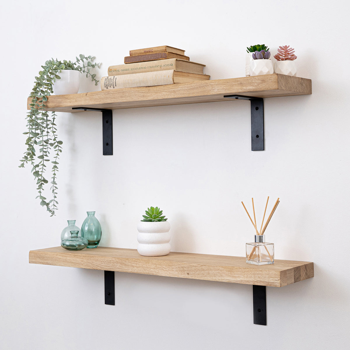 Solid Oak Waney Edge Shelf (Sanded) - 40mm thick with Black Flat-Style