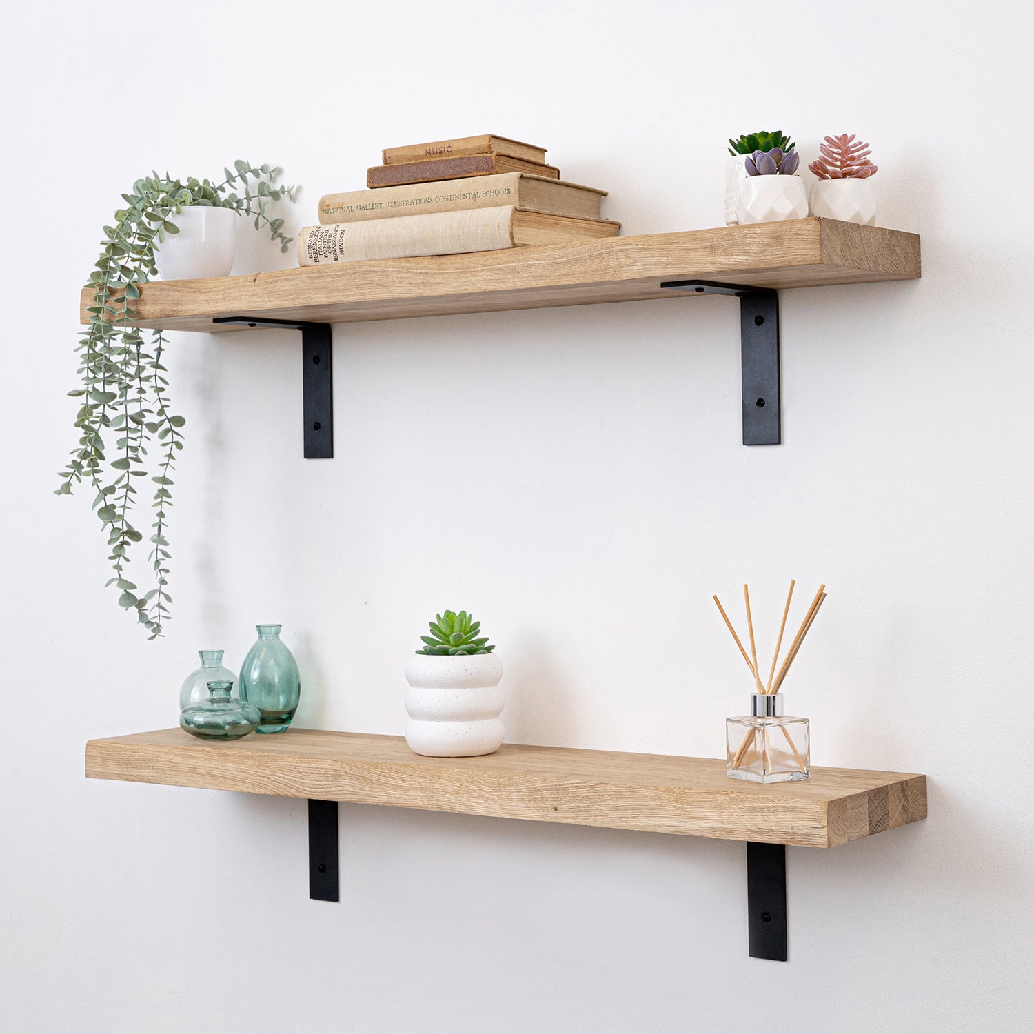 Solid Oak Distressed Edge Shelf (Sanded) - 40mm thick with Black Flat-Style Scaffolding Brackets