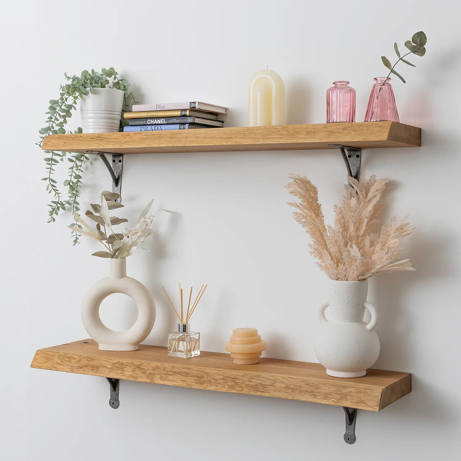 Solid Oak Live Edge Shelf - 40mm thick with Antique Iron Hand-Forged Gallows Shelf Brackets