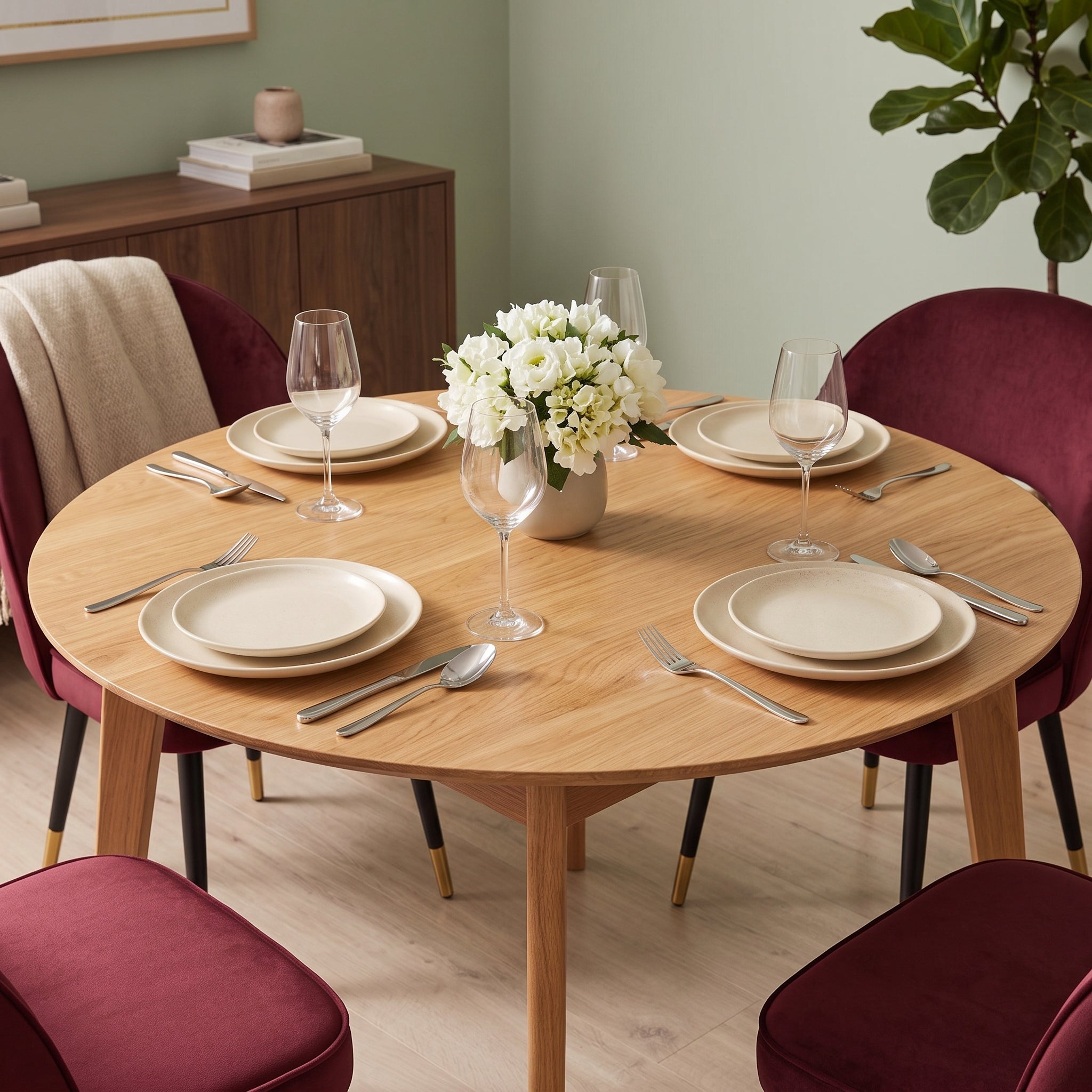 A round light oak dining table set with four Oxblood upholstered chairs, white plates, silver cutlery, and wine glasses, with a vase of white flowers in the center. The room has sage green walls, a wooden credenza, and a potted plant.