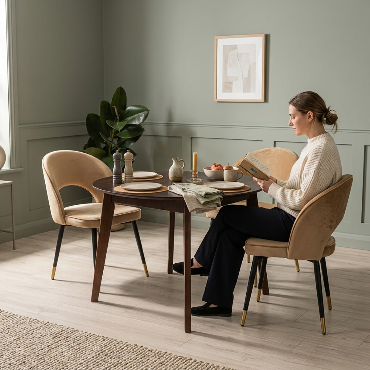 A woman sits at an oak wood round extendable dining table in walnut finish with caramel velvet chairs in a styled dining room. The room has sage green walls, light wood flooring, and a potted plant in the background.