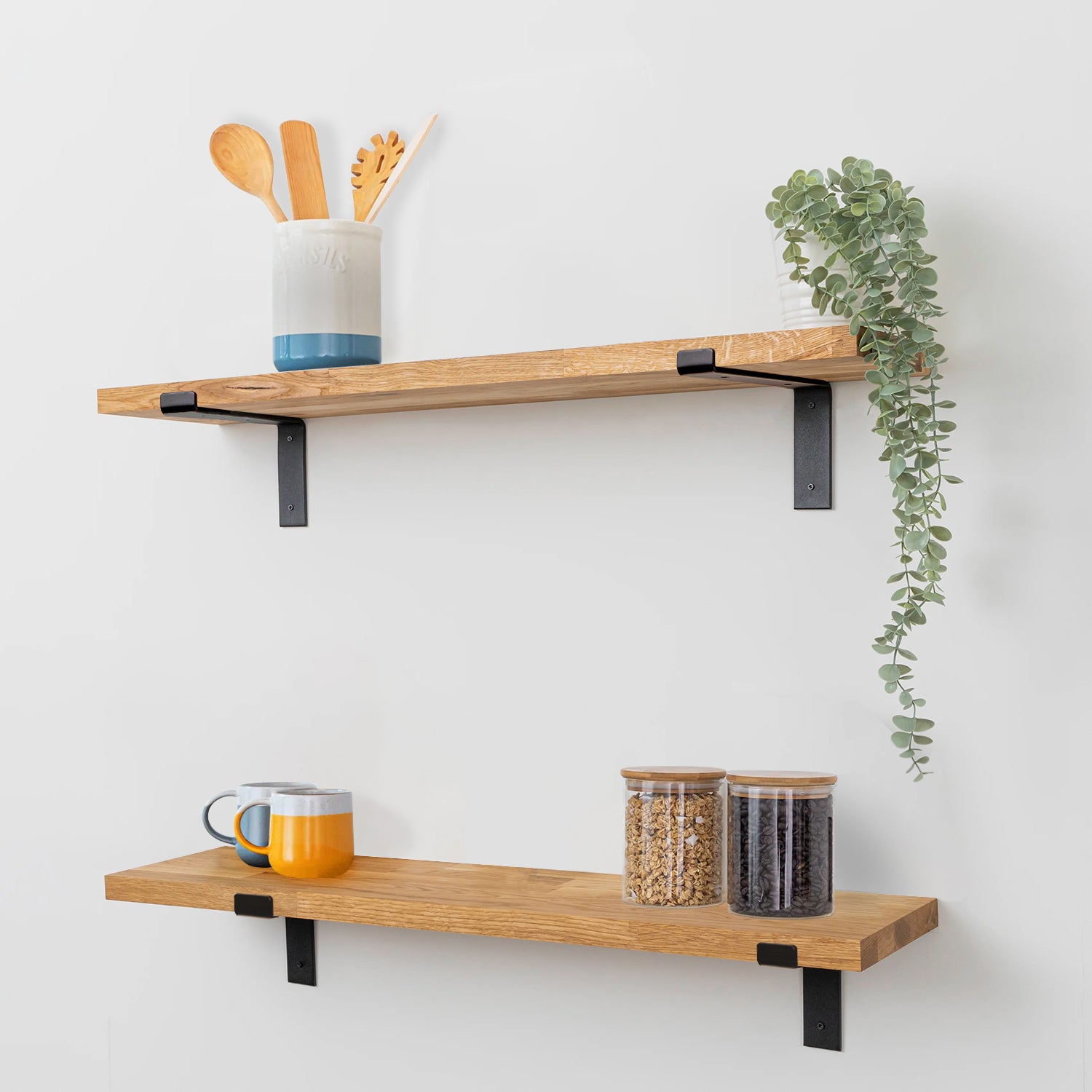 Solid Oak Wall Shelf - 27mm thick with Black Down-Style Scaffolding Brackets