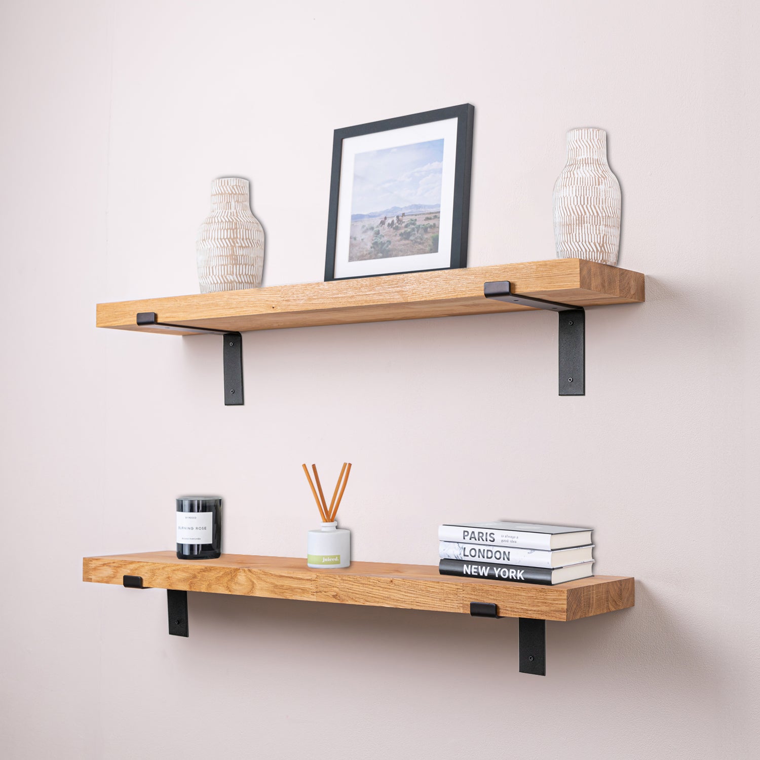 Solid Oak Wall Shelf - 40mm thick with Black Down-Style Scaffolding Brackets