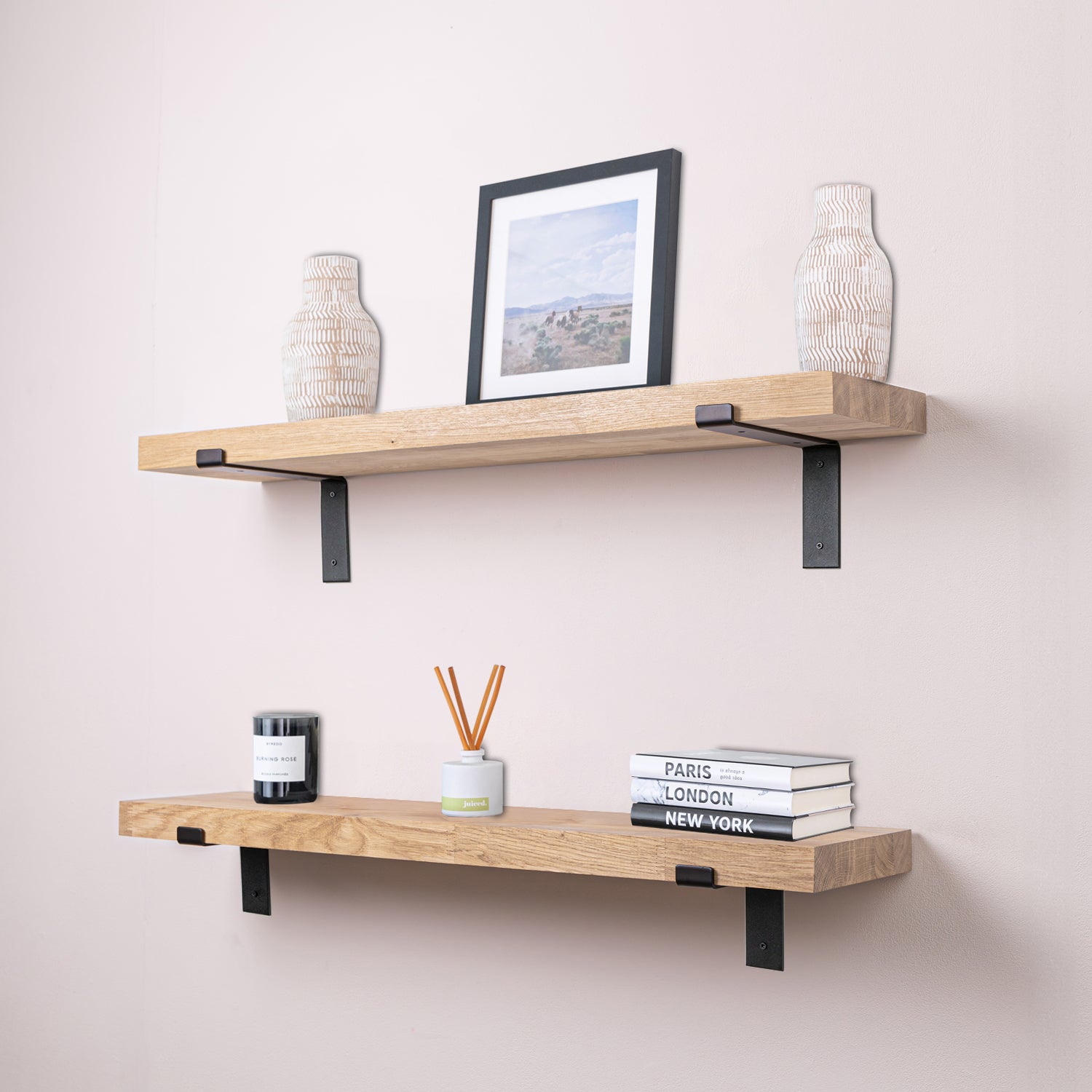 Solid Oak Wall Shelf (Sanded) - 40mm thick with Black Down-Style Scaffolding Brackets