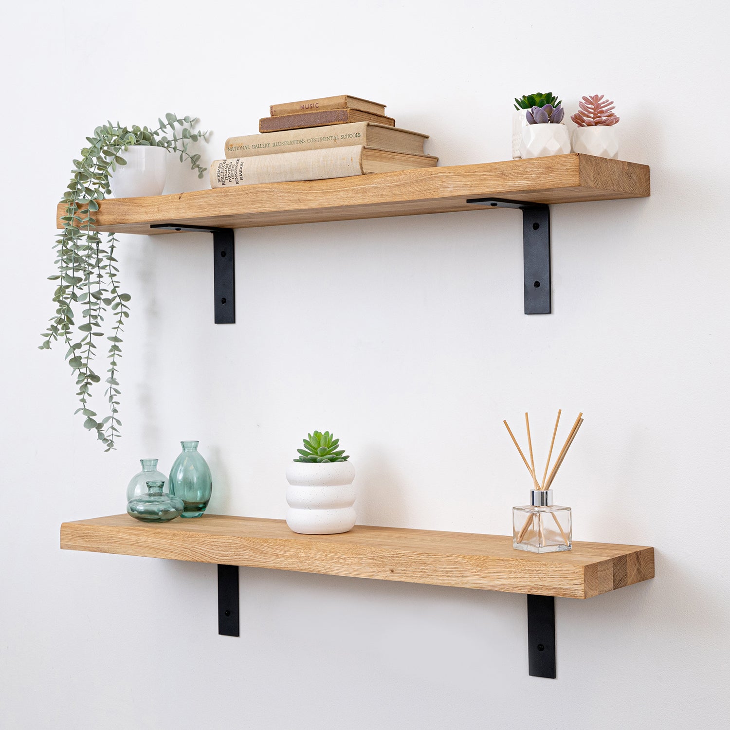 Solid Oak Waney Edge Shelf - 40mm thick with Black Flat-Style Scaffolding Brackets