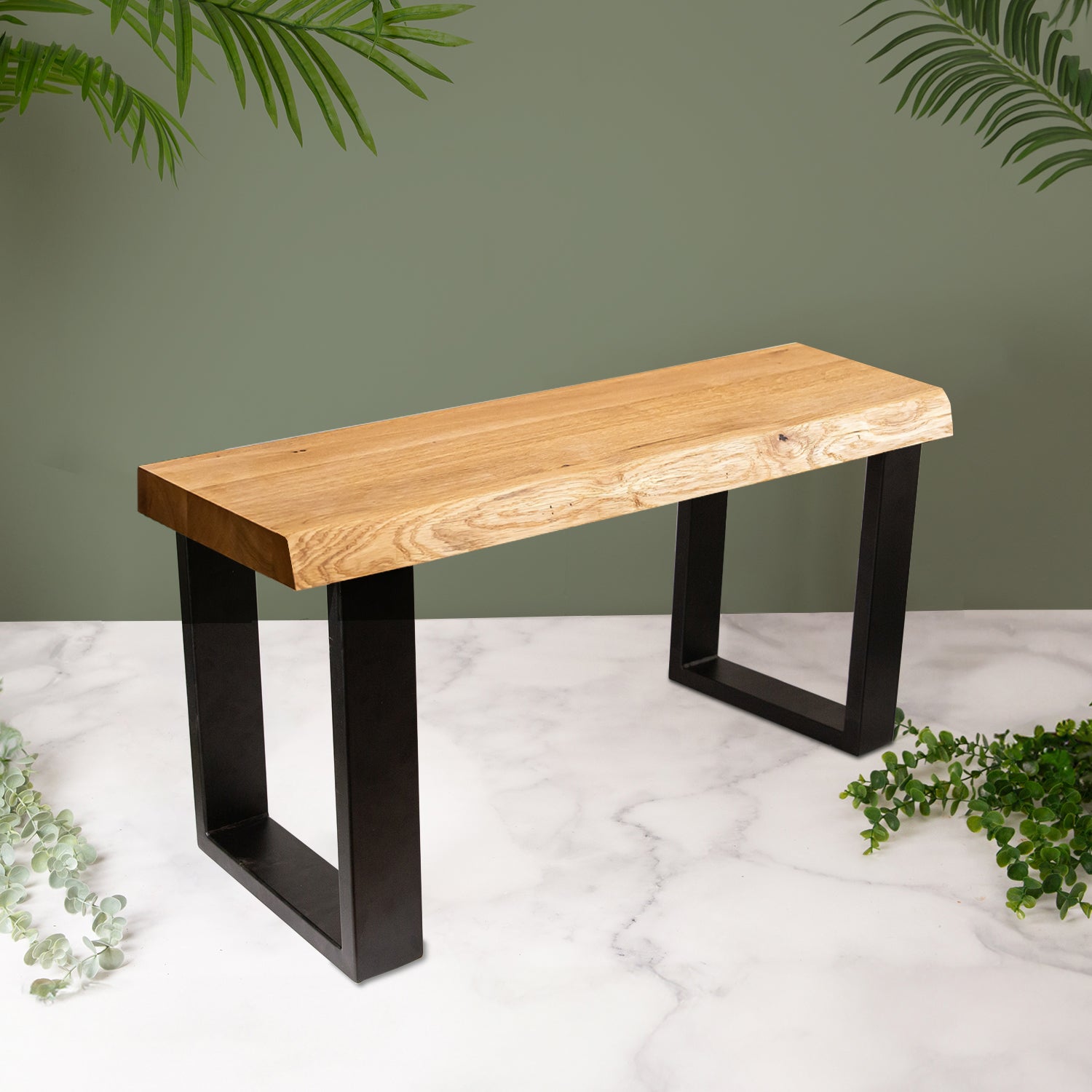 Solid Oak Waney Edge Wood Bench with Metal Legs | 800mm x 350mm