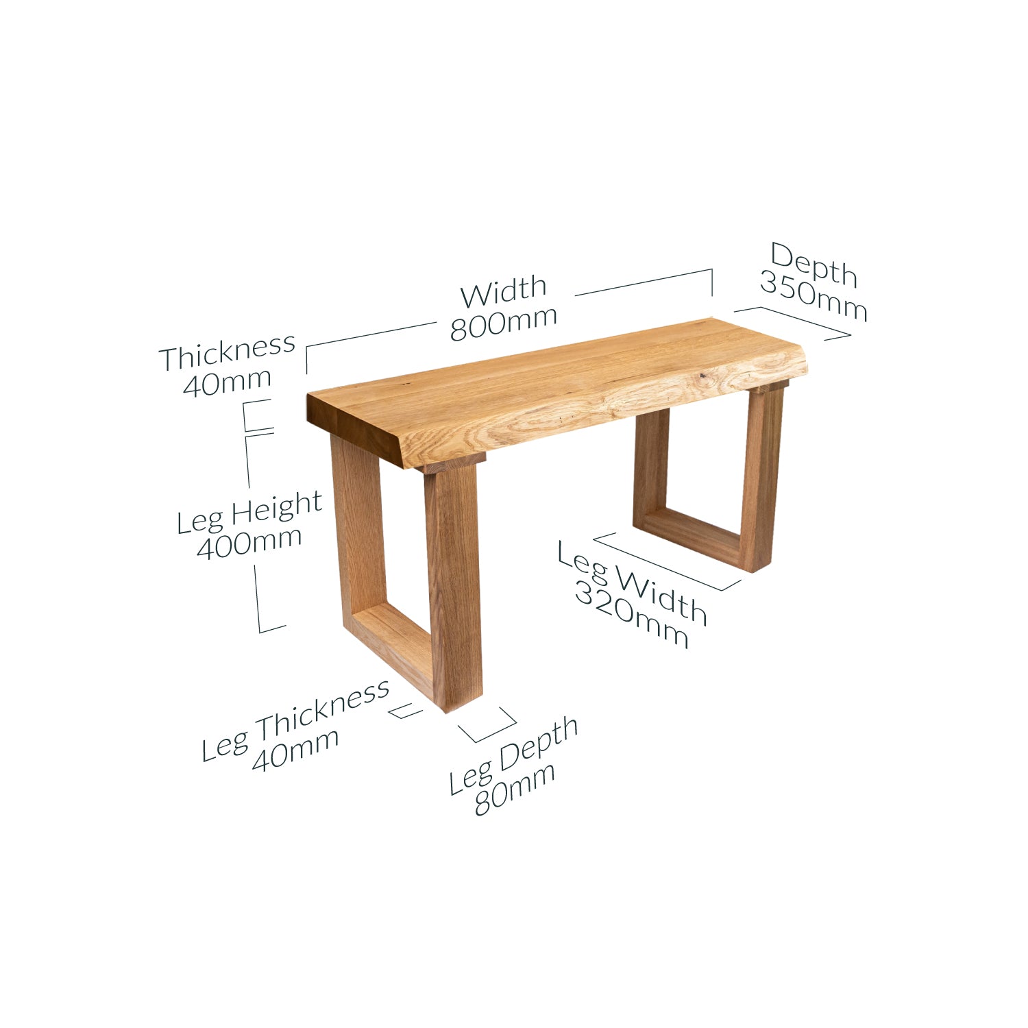 Solid Oak Waney Edge Wood Bench with Wooden Legs