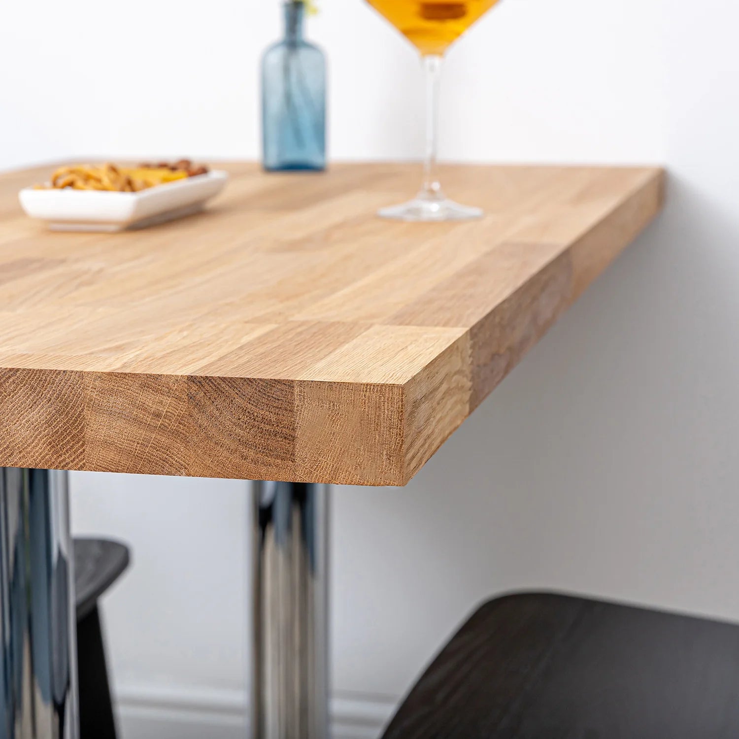 Solid Prime Oak Table with Chrome Pedestal Base