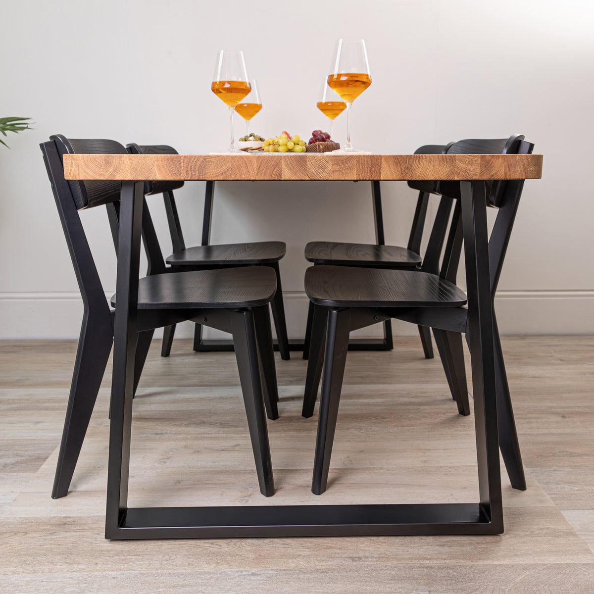 Prime Oak Solid Wood Rounded Table with Trapezium Metal Legs