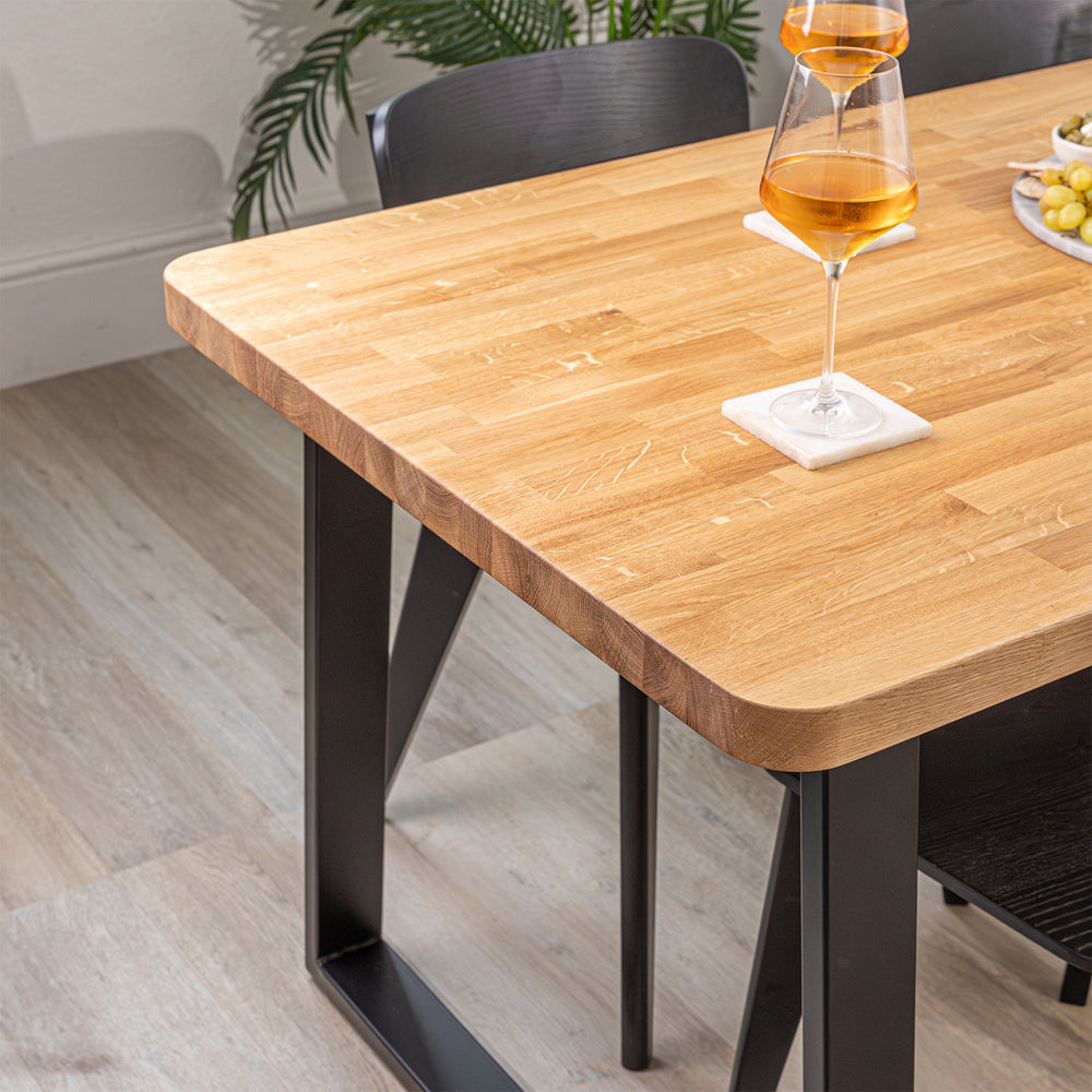 Prime Oak Solid Wood Rounded Table with Trapezium Metal Legs