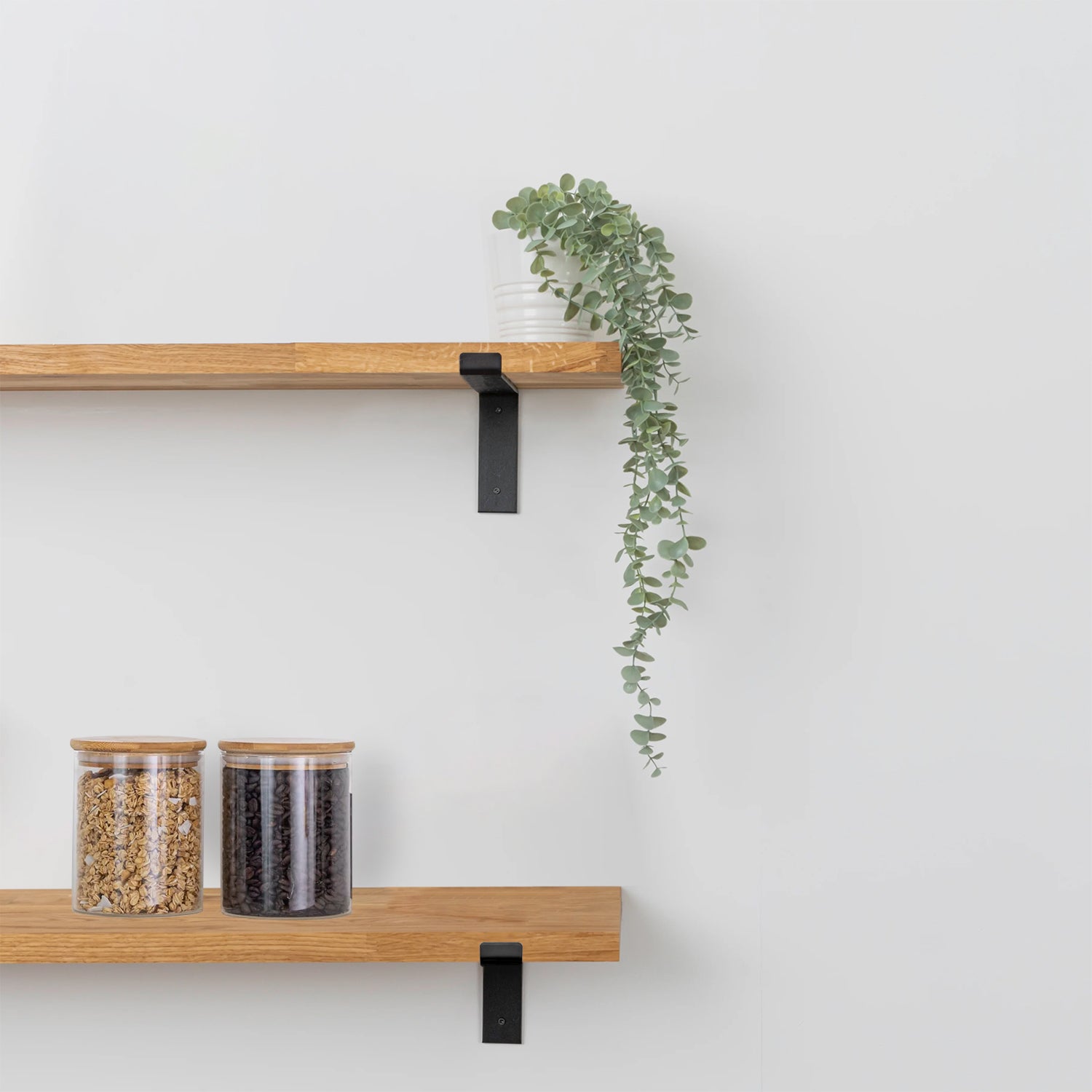 Solid Wood Oak Shelves 27mm with Down-Style Powder-Coated Cast Iron Brackets