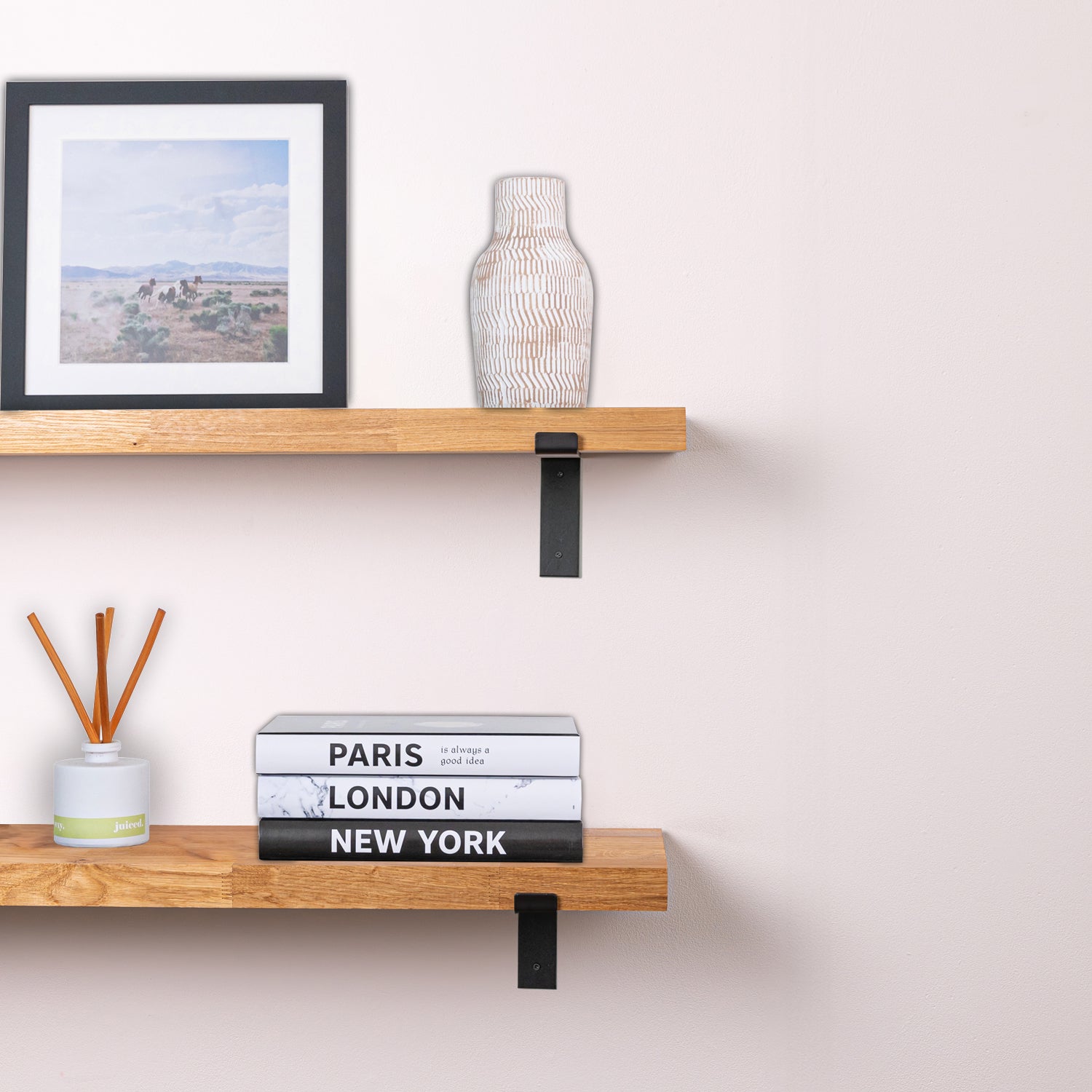 Solid Wood Oak Shelves 40mm with Down-Style Powder-Coated Cast Iron Brackets