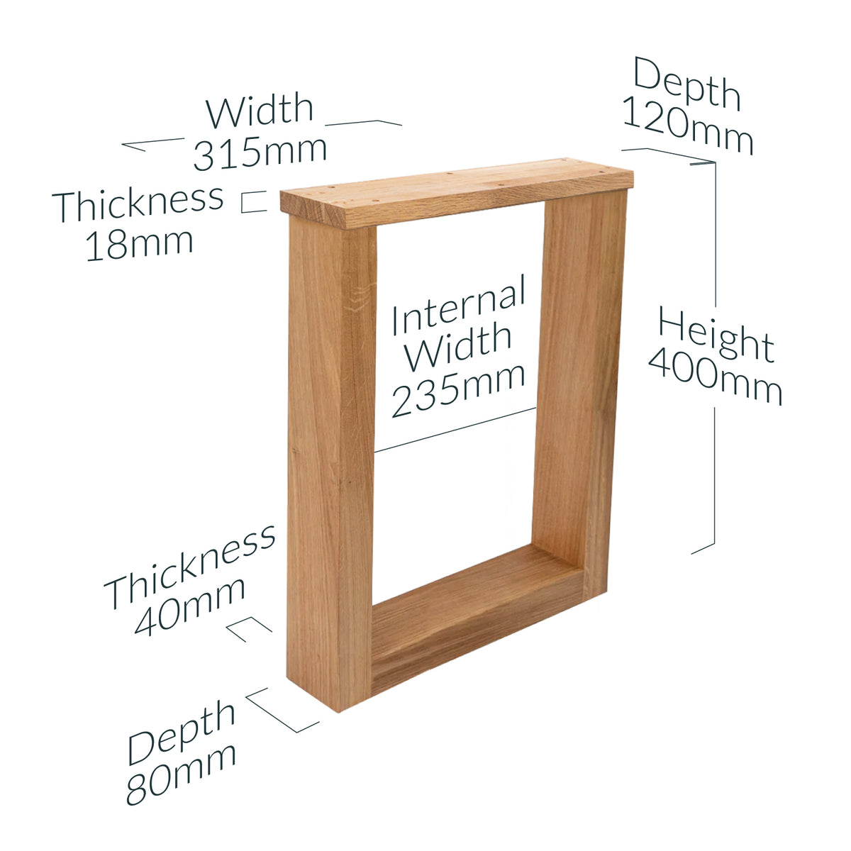 Solid Oak Wooden Square Bench Legs 400mm high x 315mm wide set of 2