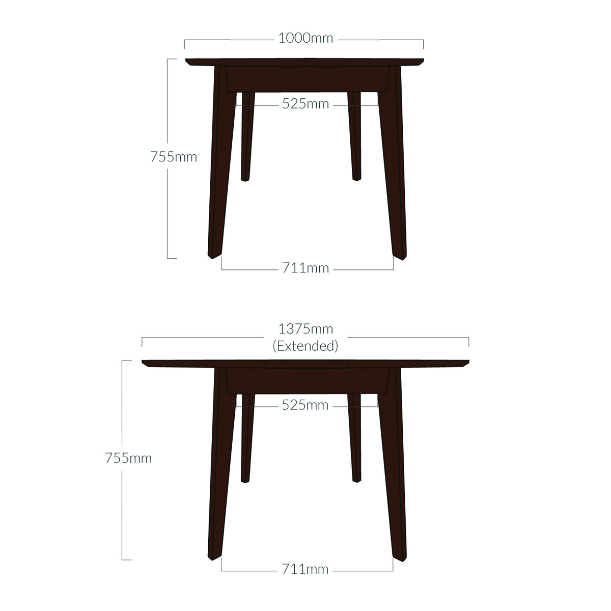 A simple line drawing of a walnut finish oak table, with dimension labels indicating 1000mm tabletop width, 755mm height, 711mm leg spread, and 1375mm extended tabletop width. This is an informational diagram rather than a standard product photo.