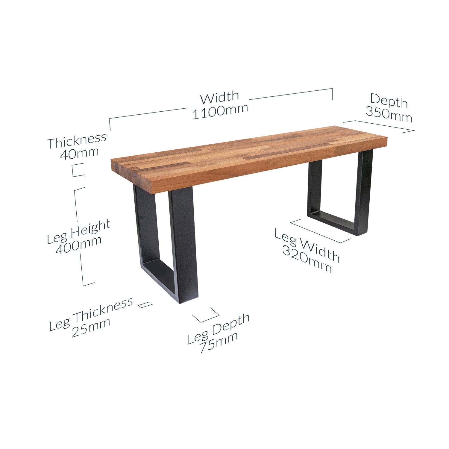 Walnut Solid Wood Bench with Metal Legs