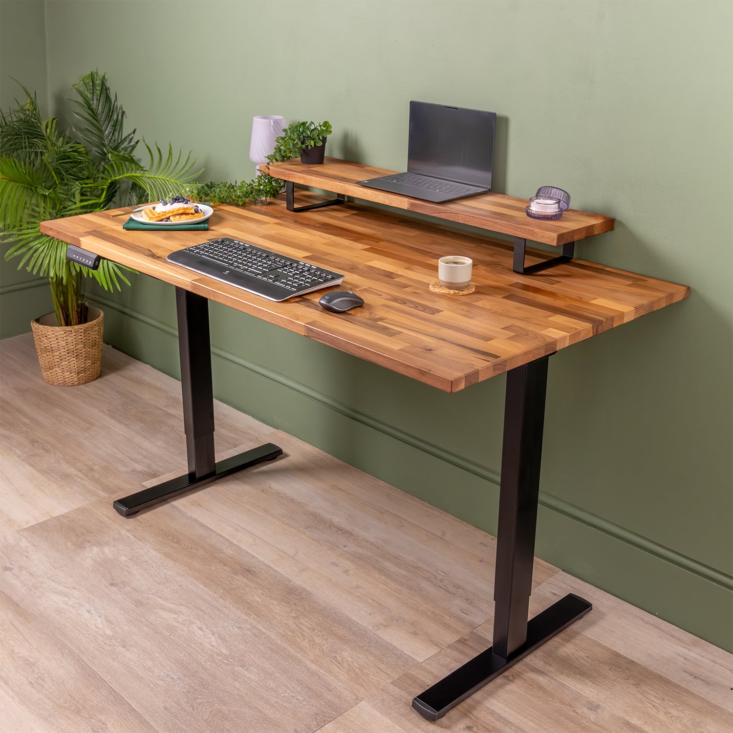 Walnut Solid Wood Monitor Stand with Black Metal Legs | Large riser