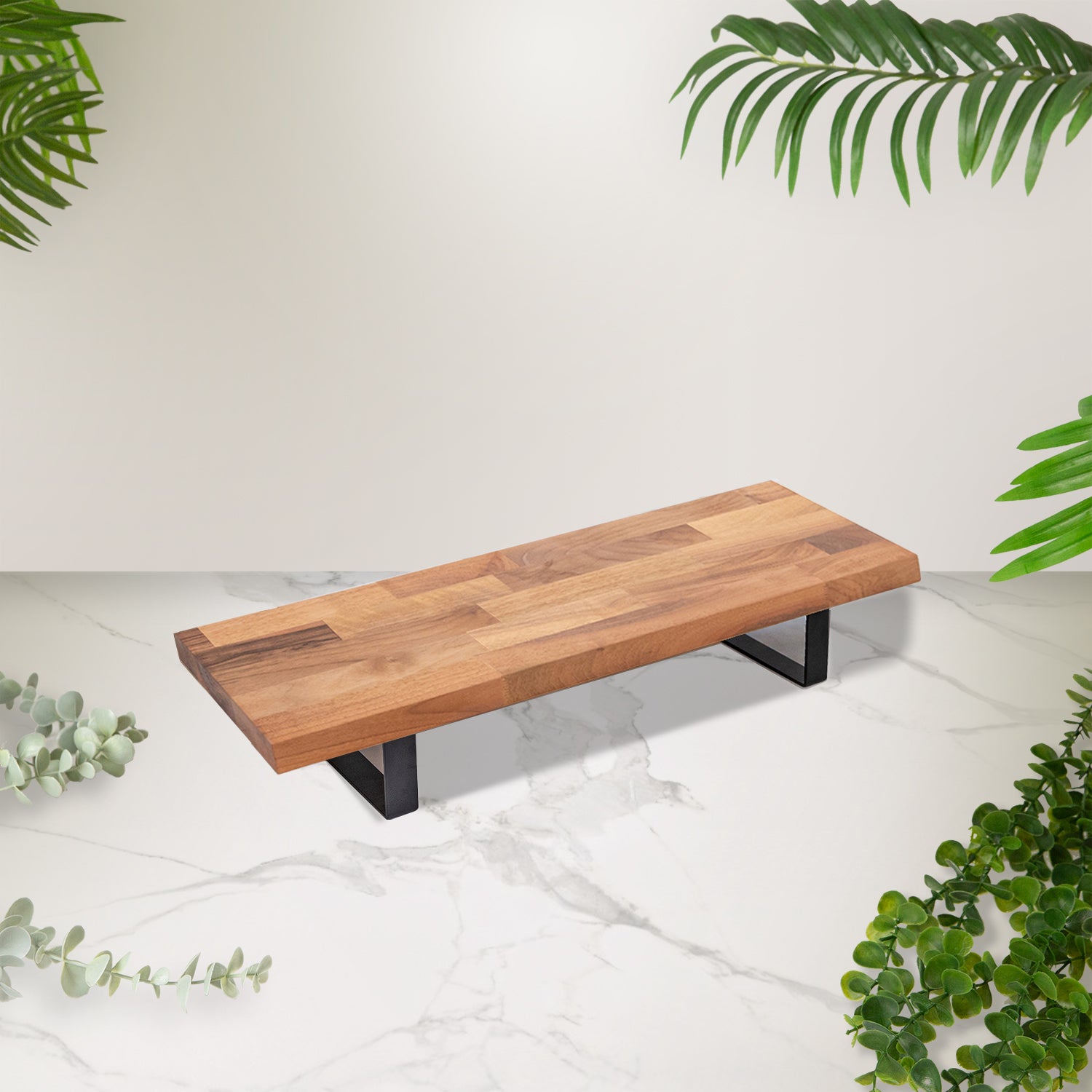 Walnut Solid Wood Monitor Stand with Black Metal Legs