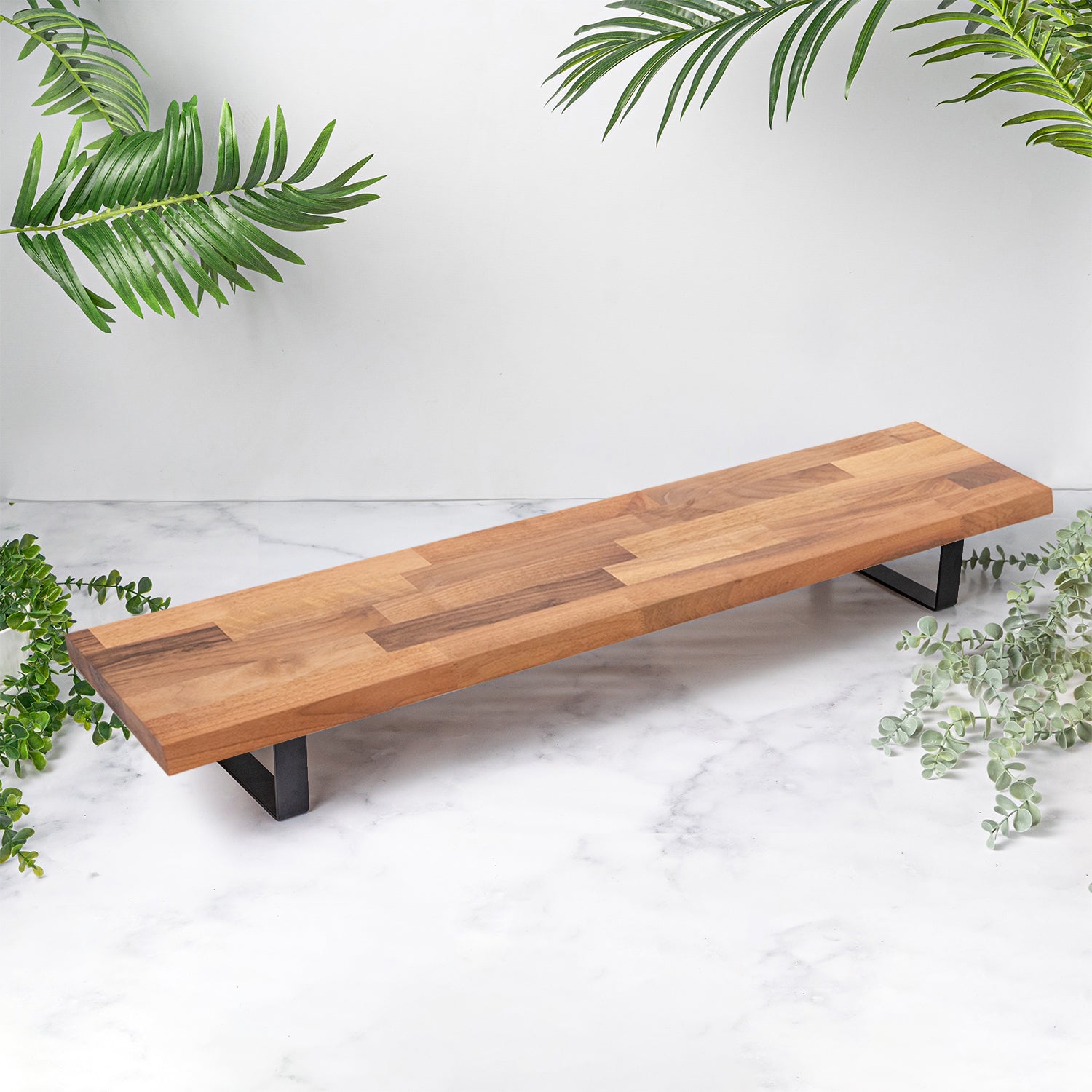 Walnut Solid Wood Monitor Stand with Black Metal Legs
