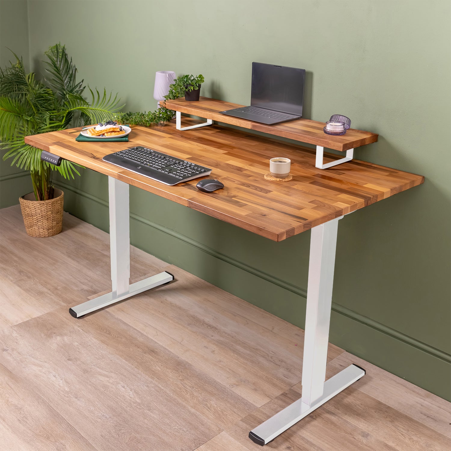 Walnut Solid Wood Monitor Stand with White Metal Legs | Large riser